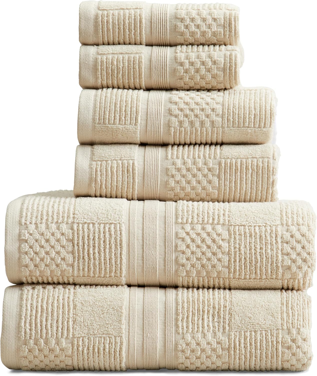 Springtree Home 100% Cotton Bathroom Towel Set | 6 Piece Set - Beige Towels | Geometric Textured Design | Absorbent & Quick-Dry | Oeko-TEX® Standard 100 Cotton | Myla Collection - Sandshell