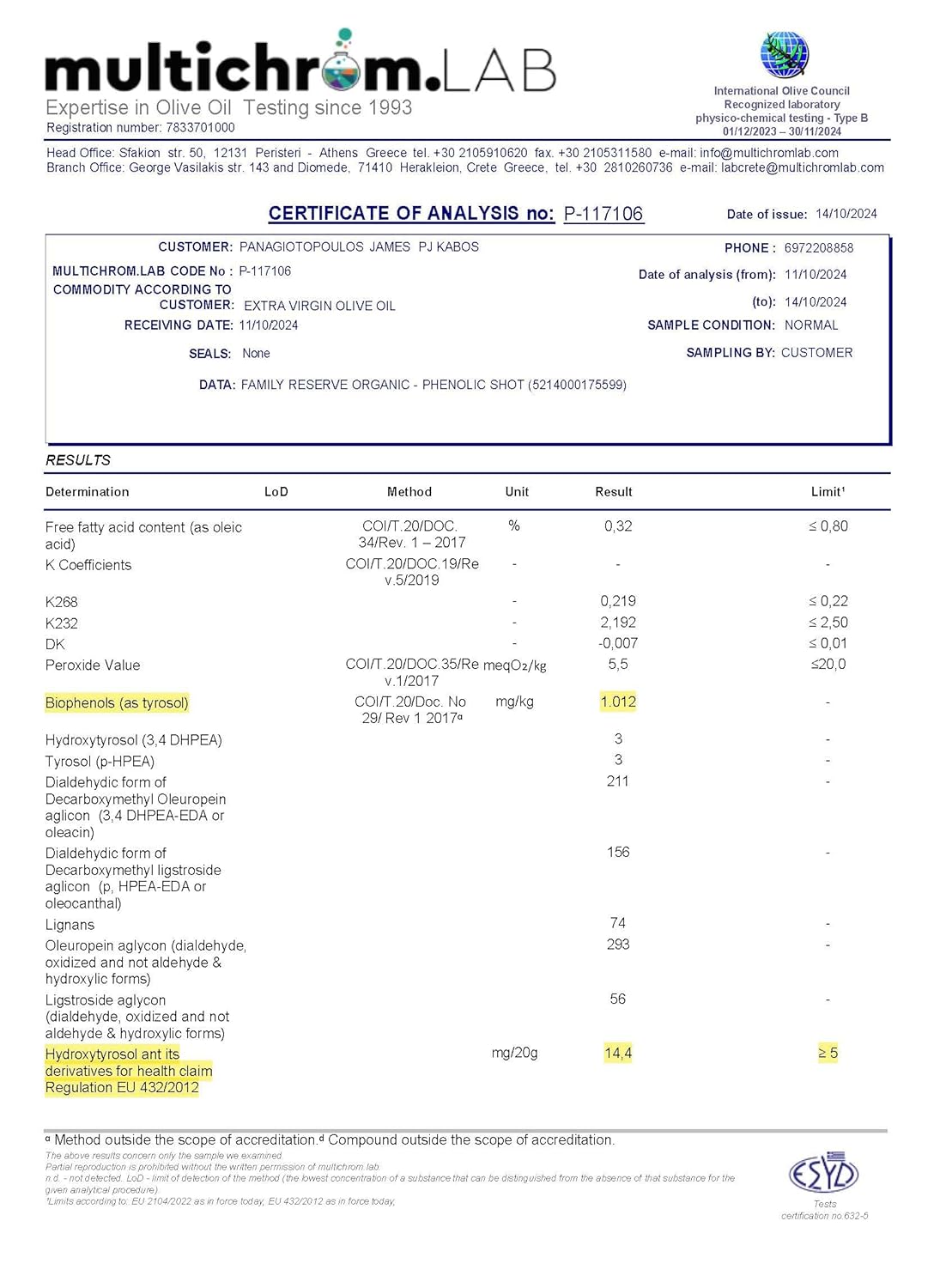 P.J. KABOS 2024/25 Harvest, Extremely High Phenolic (1000+ mg/kg), USDA Organic Greek Extra Virgin Olive Oil, Kosher, Greece, Cold Extracted, 16.9oz Bottle, PJ KABOS “Family Reserve Organic - Phenolic Shot” (6pack)