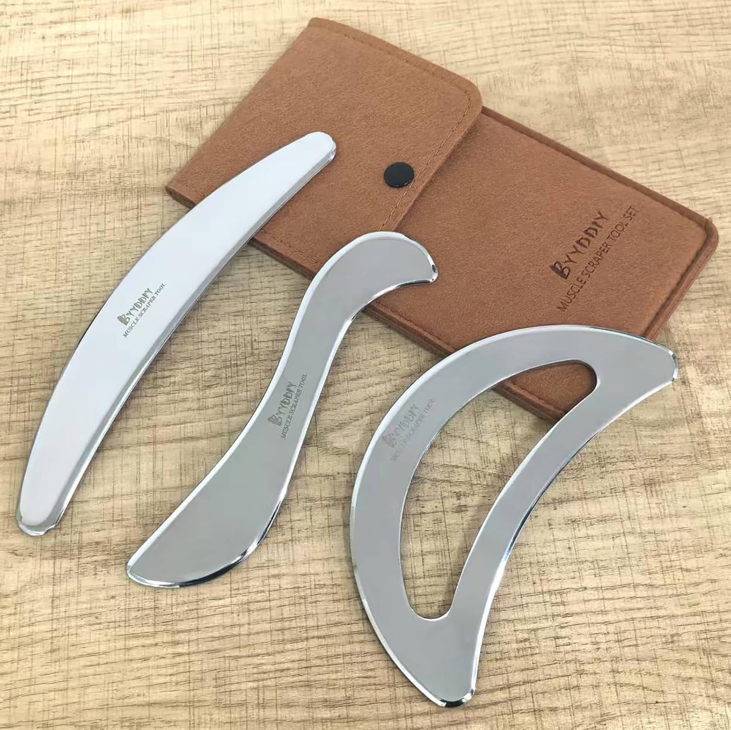 BYYDDIY Moon Shape 3 in 1 Stainless Steel Muscle Scraper Tools Set,Guasha Tool for Body,Scraping Massage Tools for Physical Therapy,Derma Edge Massage Tool & GuaSha Massage Scraper Tool (MN-SC1)