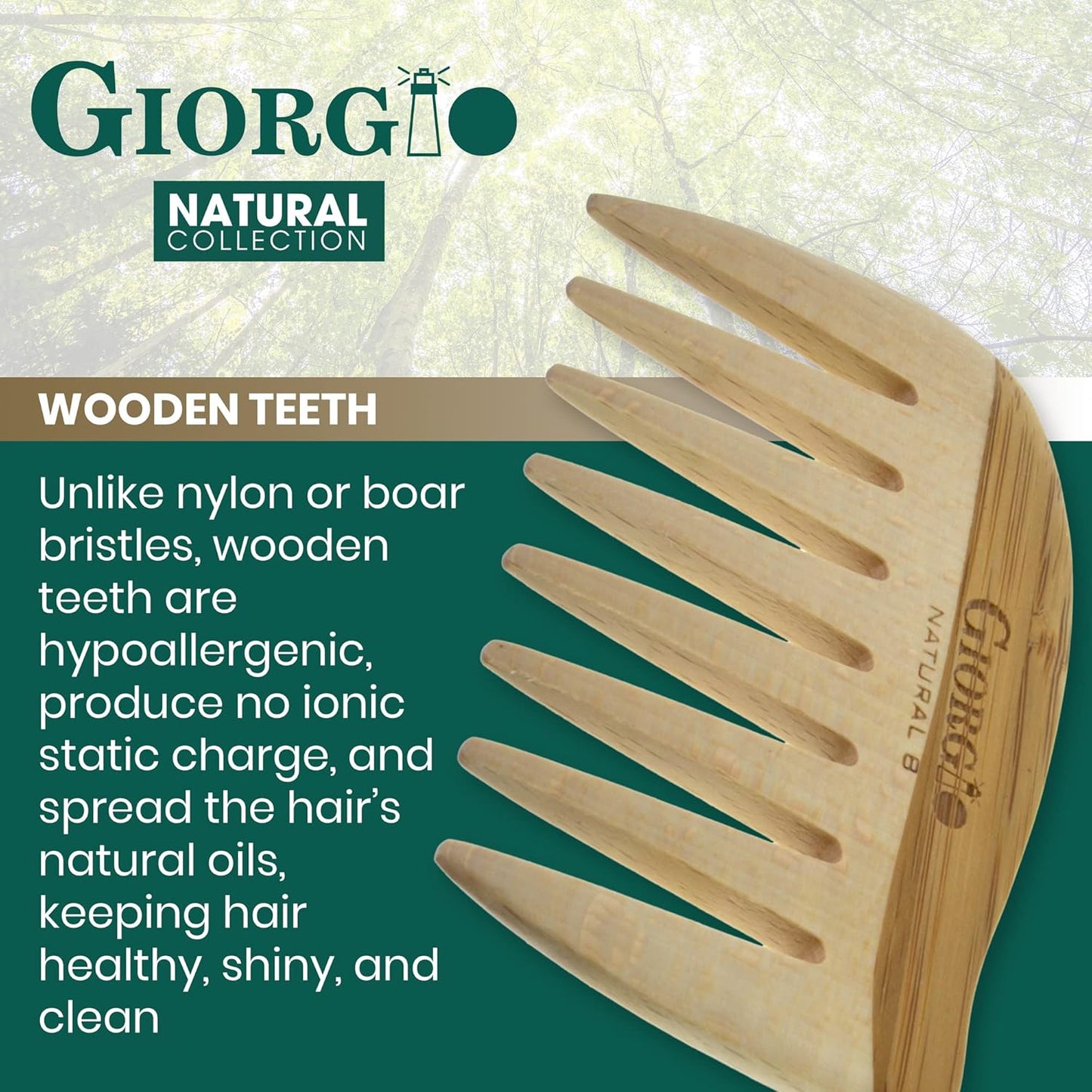 Giorgio GIONAT8 Small Natural Wooden Comb Detangler Wide Tooth Comb for Curly Hair, Bamboo and Beechwood Combs for Thick Hairs, Vegan Wooden Combs Perfect for Use with Long Thick Hair