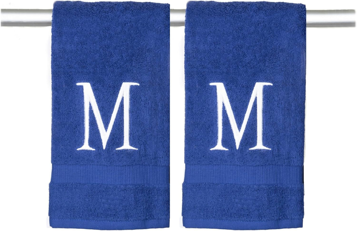 Navy Initial Hand Towel for Bathroom - Monogrammed Luxury Hotel Quality Decorative Embroidered Towel for Powder Room, Spa - GOTS Organic Certified - Pack of 2 - Letter M