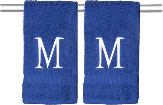 Navy Initial Hand Towel for Bathroom - Monogrammed Luxury Hotel Quality Decorative Embroidered Towel for Powder Room, Spa - GOTS Organic Certified - Pack of 2 - Letter M