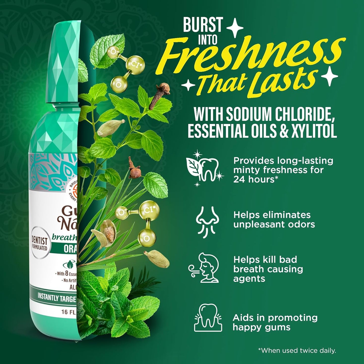 GuruNanda Fresh Breath Mouthwash, ADA-Accepted, Alcohol & Fluoride-Free, Sodium Chlorite, Essential Oils & Vitamins, 12-Hrs Fresh Breath, Wild Mint, 16 oz