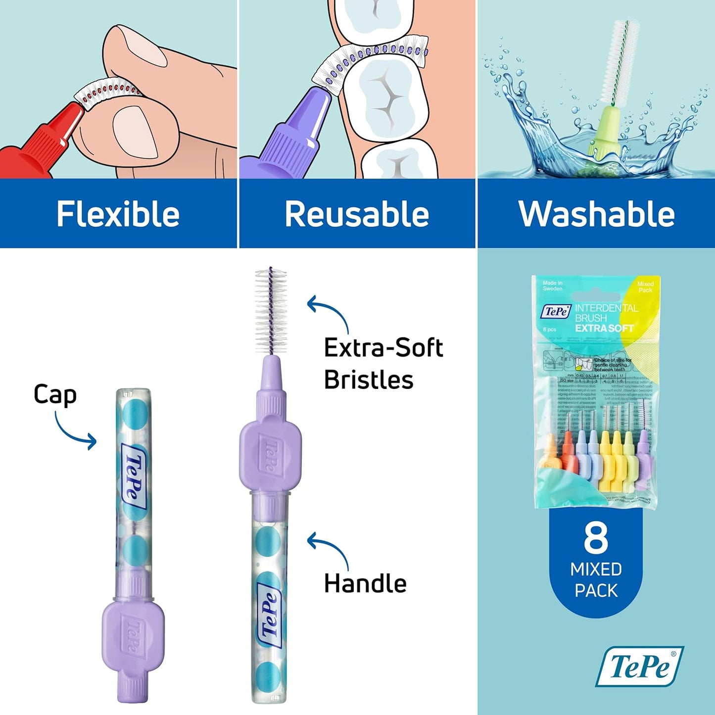 TePe Interdental Brush Extra Soft, Supersoft Dental Brush for Teeth Cleaning, Pack of 8, Multi Pack
