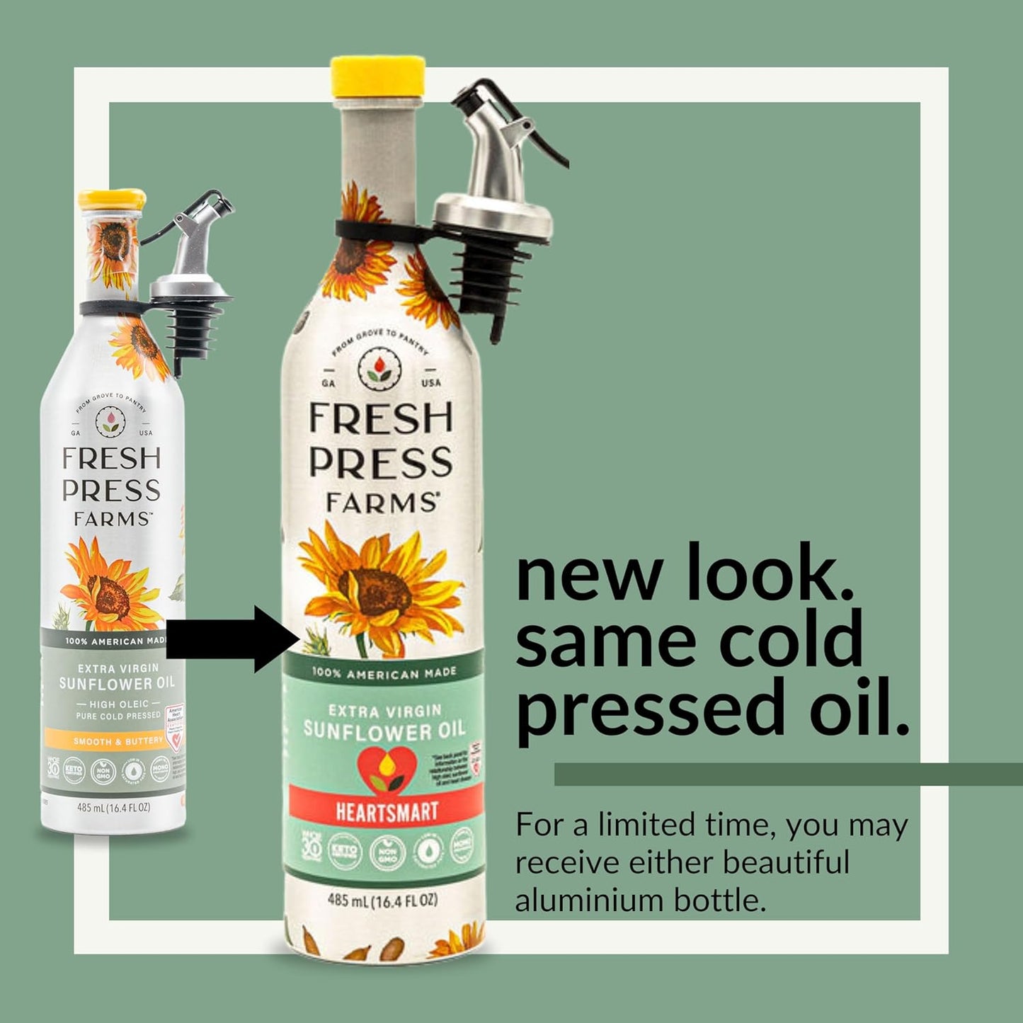 Fresh Press Farms Cold Pressed Extra Virgin Sunflower Oil, 16.4 Fl Oz (Pack of 2), High Oleic, Georgia Grown, 100% American Made, Unrefined, Certified Whole30, Non-GMO, Keto, Paleo, Gluten Free