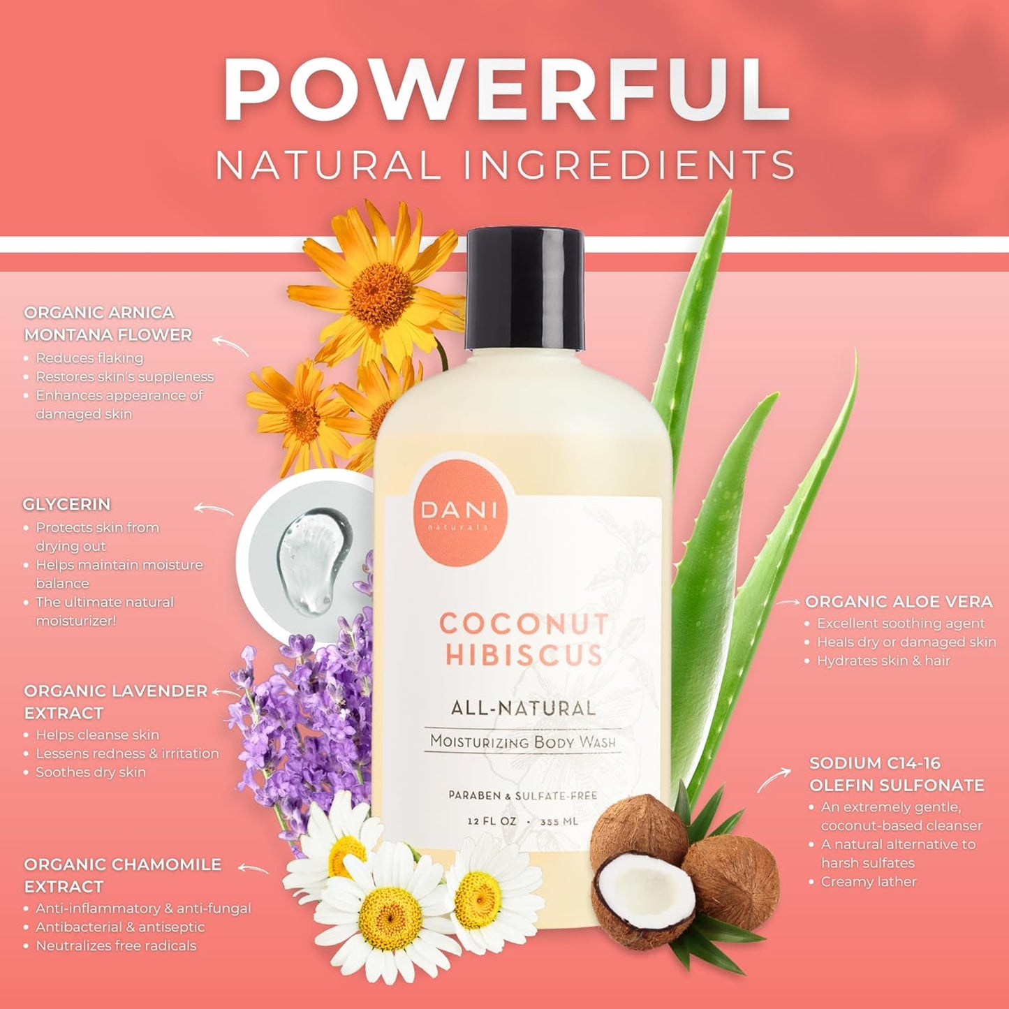 DANI Naturals Moisturizing Body Wash - Tropical Coconut Hibiscus Scent with Organic Aloe Vera & Natural Glycerin - Paraben & Sulfate-Free Shower Gel - 12 oz - Vegan & Cruelty-Free