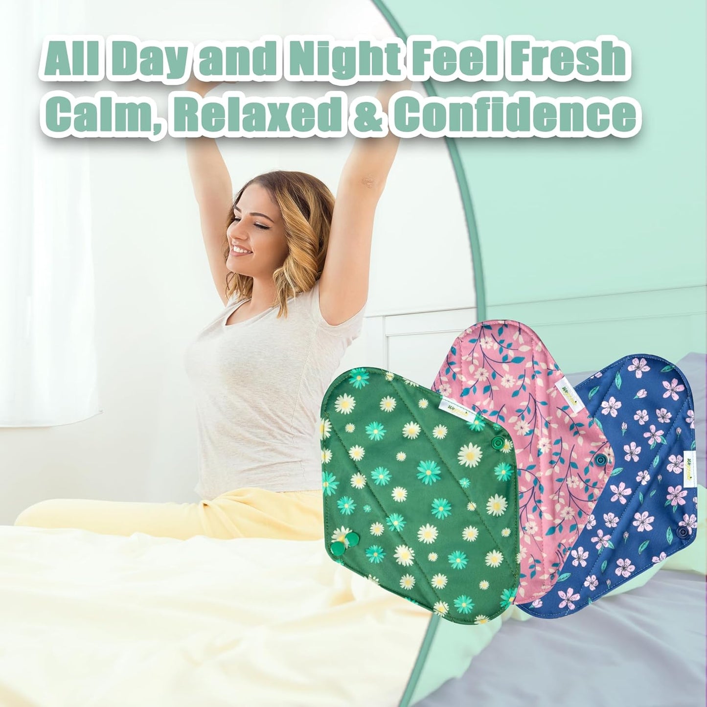 Wegreeco Cloth Menstrual Pads - Soft Washable Pads for Women - Reusable Panty Liners for Women - 6 Pack with 1 Cloth Mini Wet Bag (Medium, Chrysanthemums)