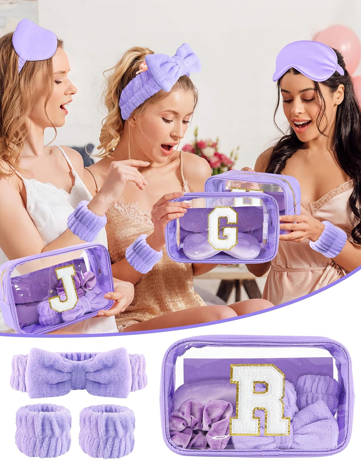 Gift Sets for Women, Initial Makeup Bag with Makeup Brush Set Bachelorette Party Favors, Purple Spa Kit with Skincare Headbands Wrist Bands Sleepover Party Supplies Gifts for Teen Girls Bridesmaid R
