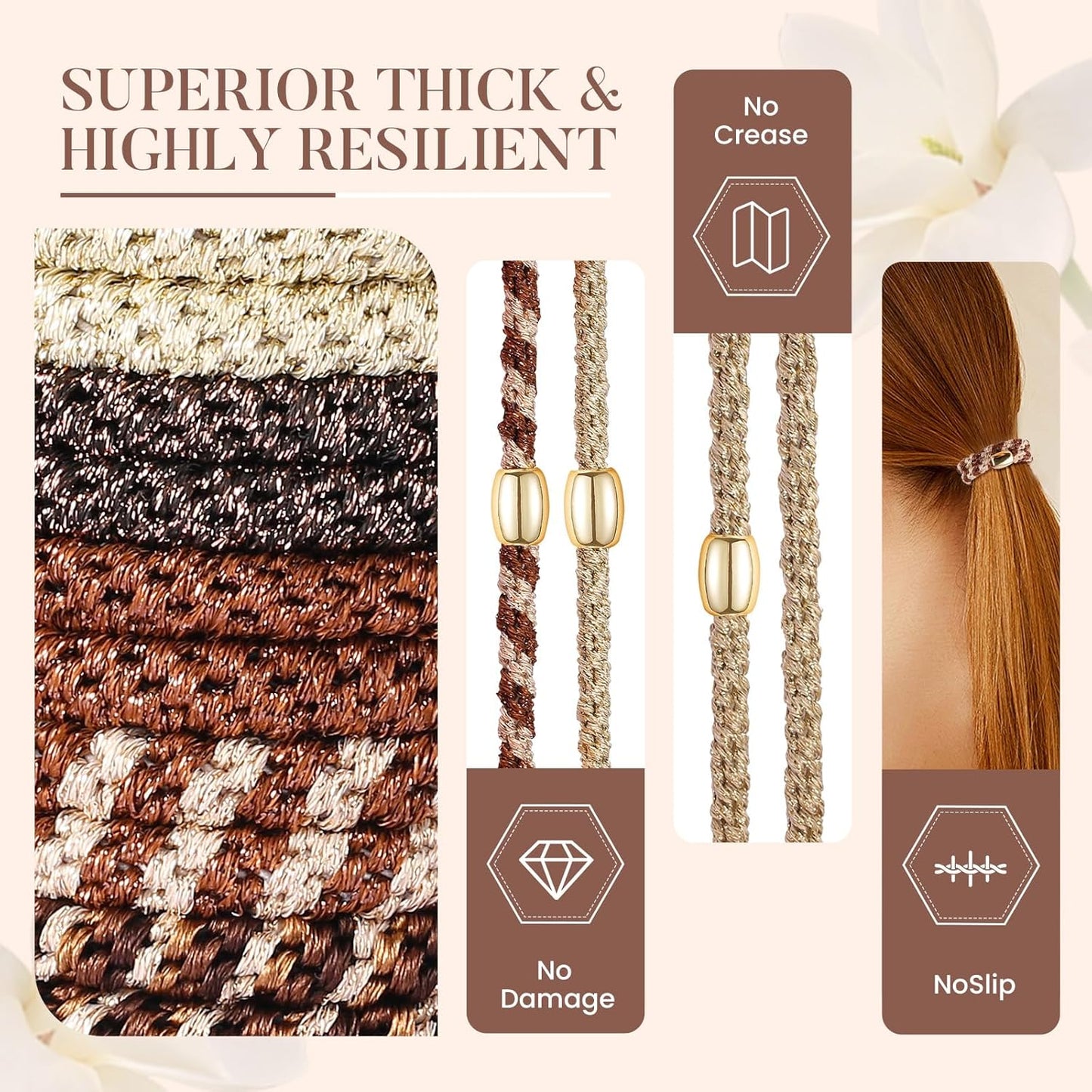 Hair Ties No Damage - 10PCS Ponytail Holders - Elastic Hair Ties for Thick Hair - Braided Hair Bands for Women Girls's Hair - Wood Grain