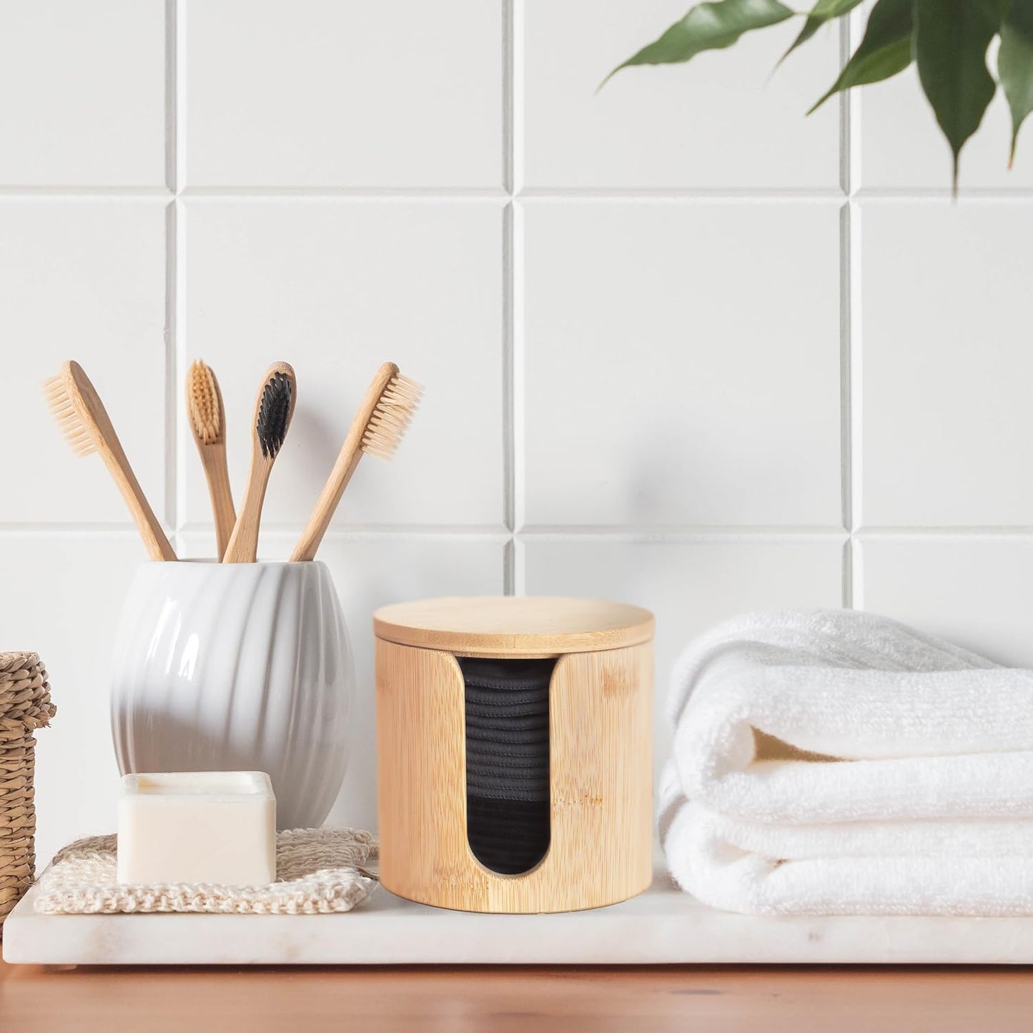 Reusable Bamboo Makeup Remover Pads | 20Pcs Natural Bamboo Reusable Cotton Rounds Makeup Removal Pad| Soft Makeup Remover Set with Bamboo Holder Laundry Bag Headband, Black and Gray