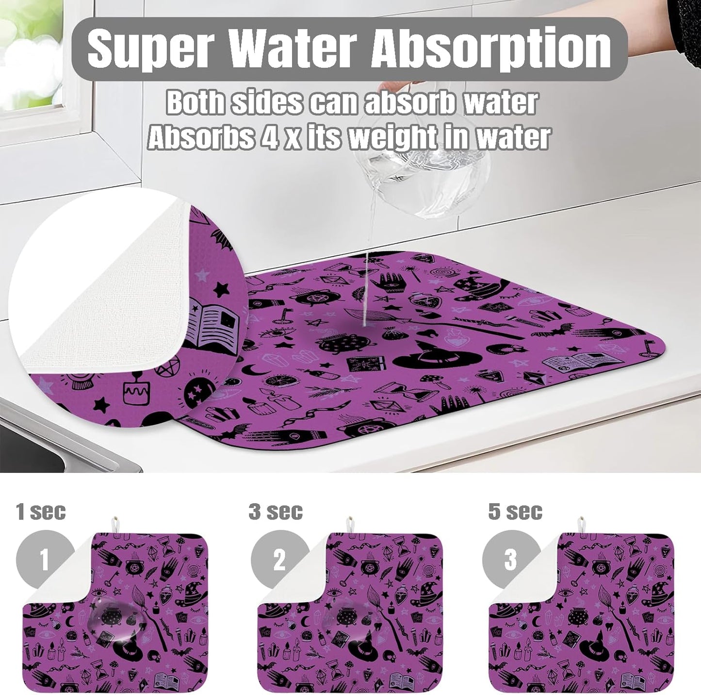Dish Drying Mat for Kitchen Counter Large 16" x 18" Purple Halloween Witch Absorbent Microfiber Dishes Drainer Rack Mats Pad Reusable Washable