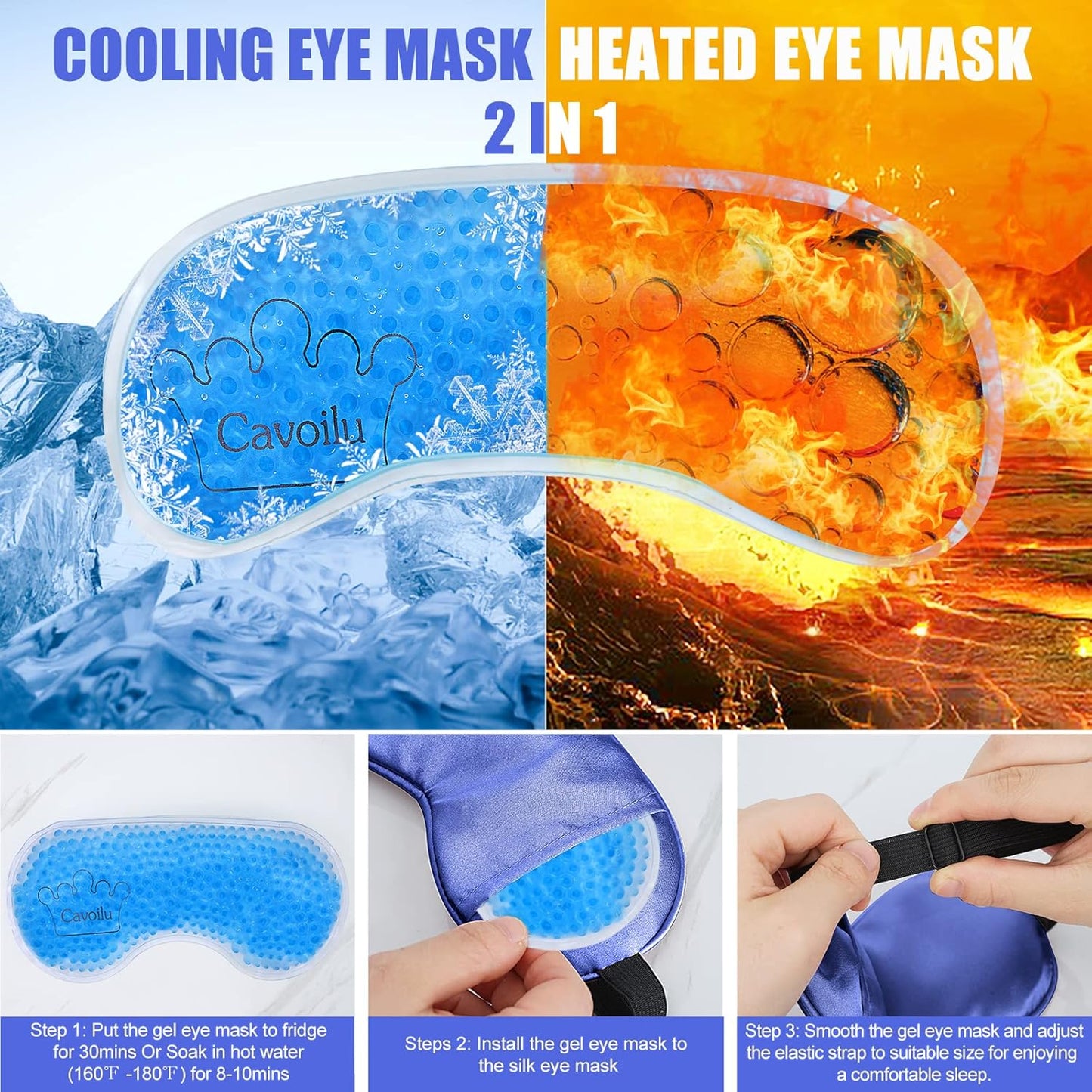 Cooling Sleep Mask w/Gel Eye Mask, Silk Eye Mask for Sleeping, Heated Eye Masks, Blindfold Eye Cover Sleeping Mask for Home Office Travel, Gifts for Men Women, Stocking Stuffers (Blue)