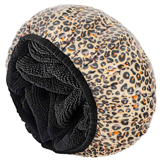 Auban Shower Cap, Shower Cap for Women Terry Cloth Lined EVA Exterior Reusable Double Layer Waterproof, Large Bath Hair Cap, Hotel Travel Essentials Accessories Cleaning Supplies (Leopard)