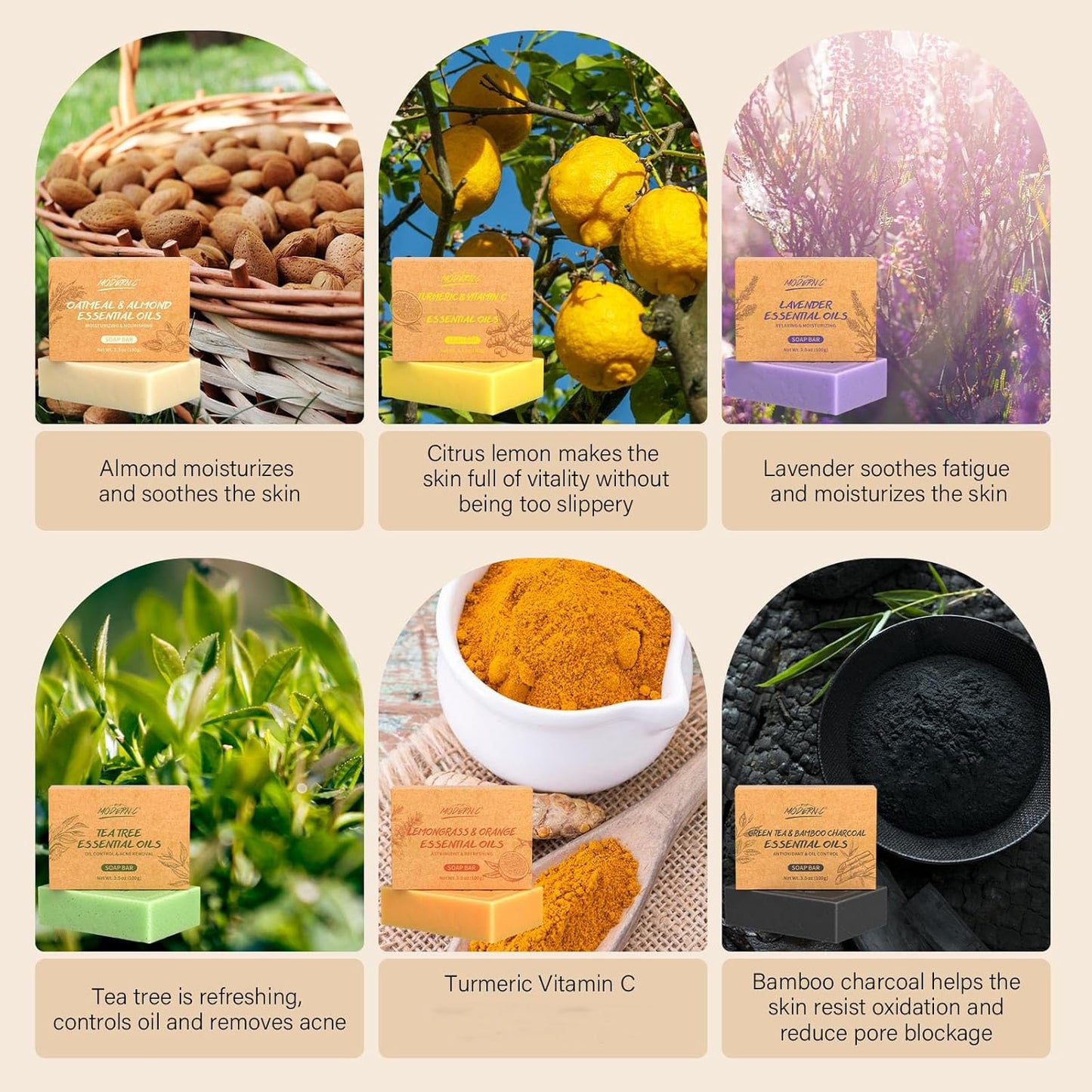 POP MODERN.C Natural Soap Bar Gift Set Body Wash Soap Bars Organic Soaps For Women & Men Lavender, Tea Tree, Lemongrass Orange, Oatmeal Almond, Green Tea Bamboo Charcoal, Turmeric 6x3.5oz