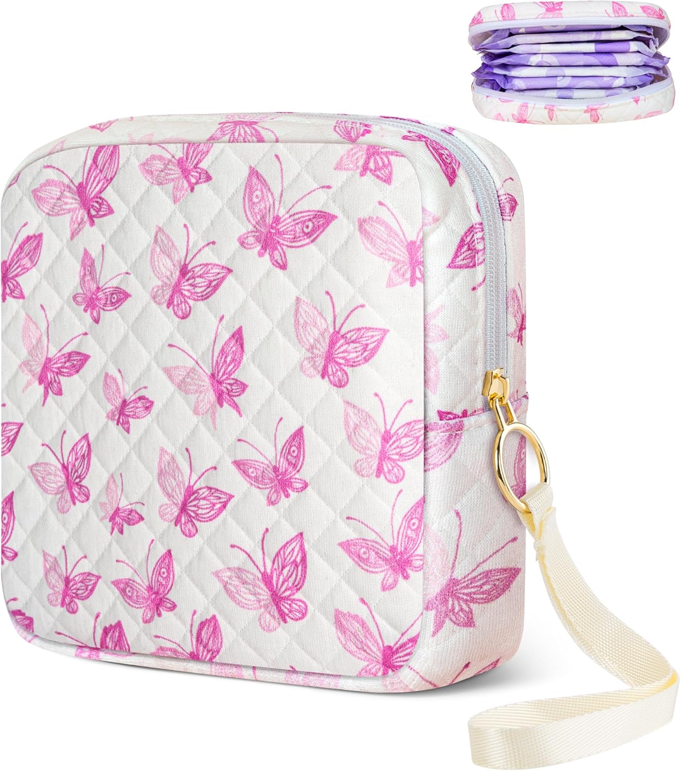 Tampon Holder for Purse, Quilted Period Bag Sanitary Napkin Storage Bag for Girls Womens, Portable Feminine Emergency Pad Period Pouch(Butterfly White)
