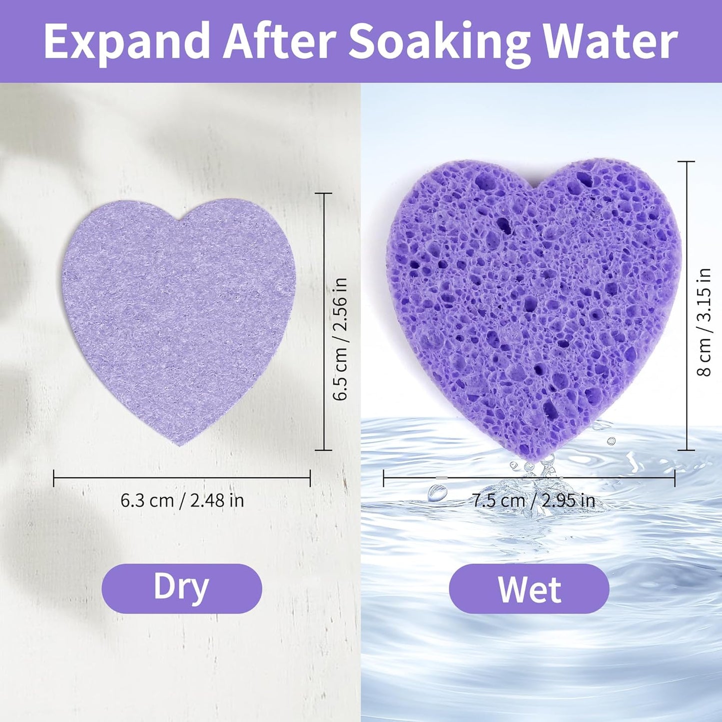 100-Count Compressed Facial Sponges, Heart Shape Face Sponge for Cleansing, Natural Cosmetic Spa Sponges for Facial Cleansing, Exfoliating Mask (Purple Heart Sponges)