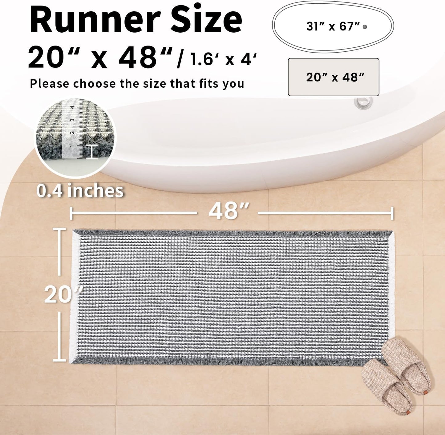 Waffle Bath Mat - Boho Bathroom Rugs Non Slip Washable, Super Absorbent & Quick Dry, Soft Bath Mat Farmhouse Bathroom Decor, 20'' x 48'', Dark Grey and White