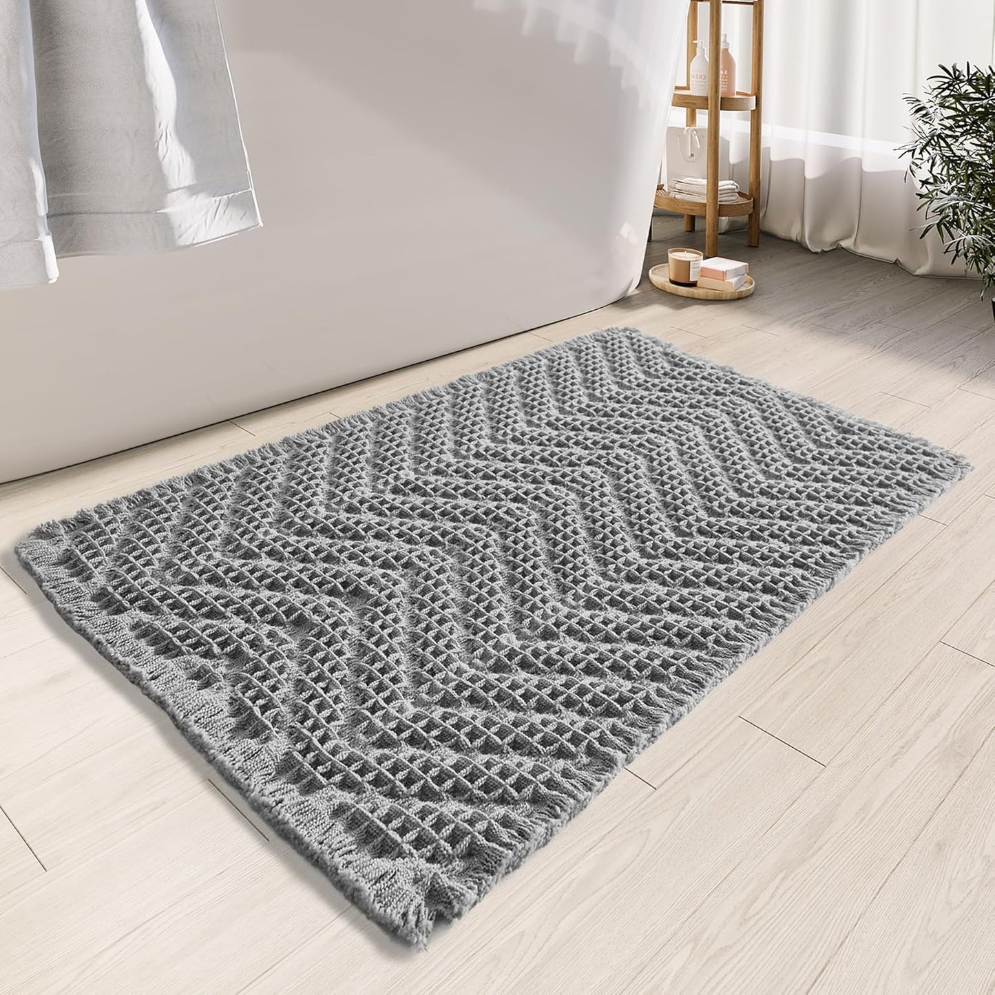 Upgraded Bath Mat, Non Slip, Machine Washable - Super Absorbent Waffle Weave, Rubber Backed, Ultra Soft - Gray, 17" x 24"