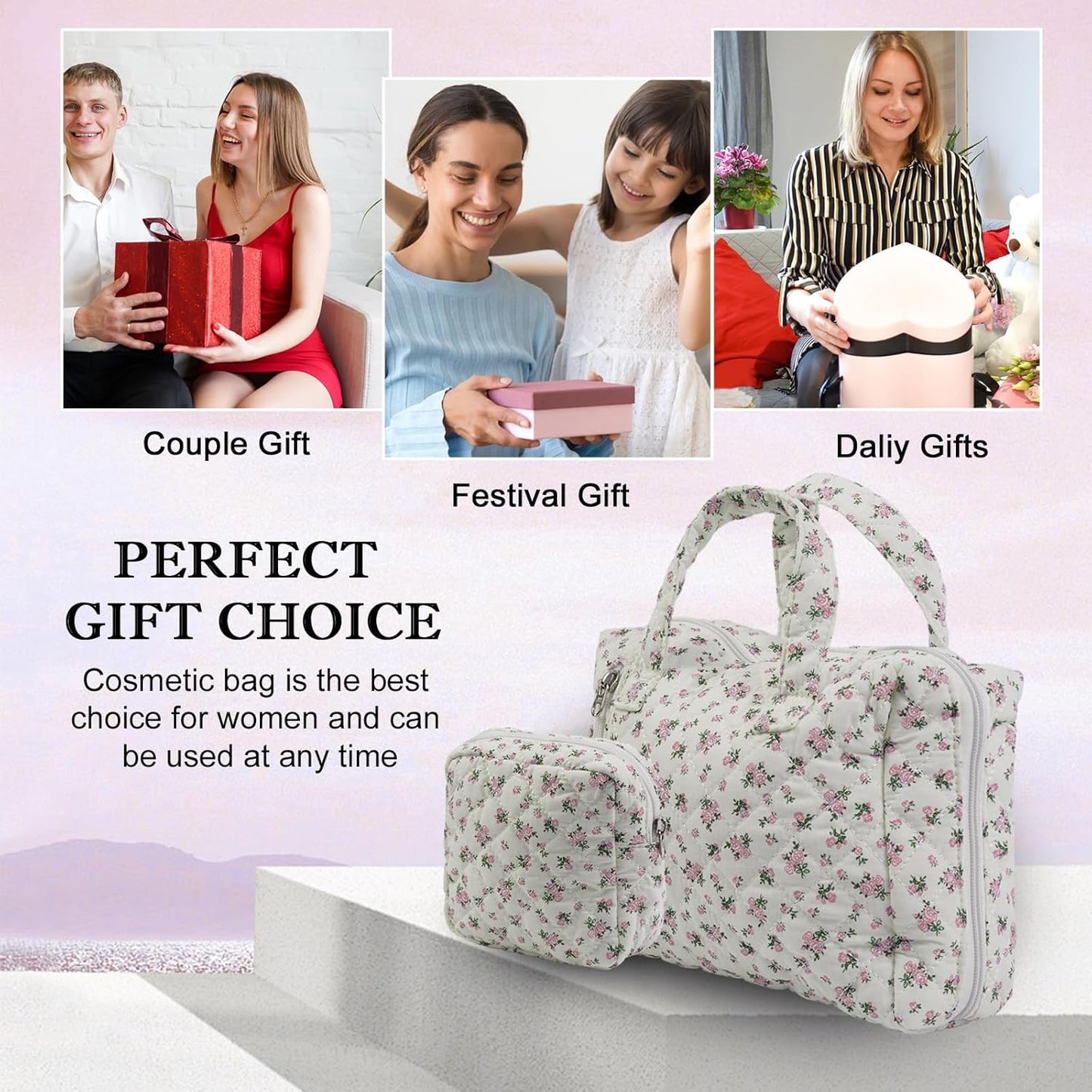 Cute Quilted Floral Makeup Bag(2Pcs)，Coquette Aesthetic Cosmetic Bag，Travel Toiletry Bags， Kawaii Aesthetic pouch for Women (12-Pink)