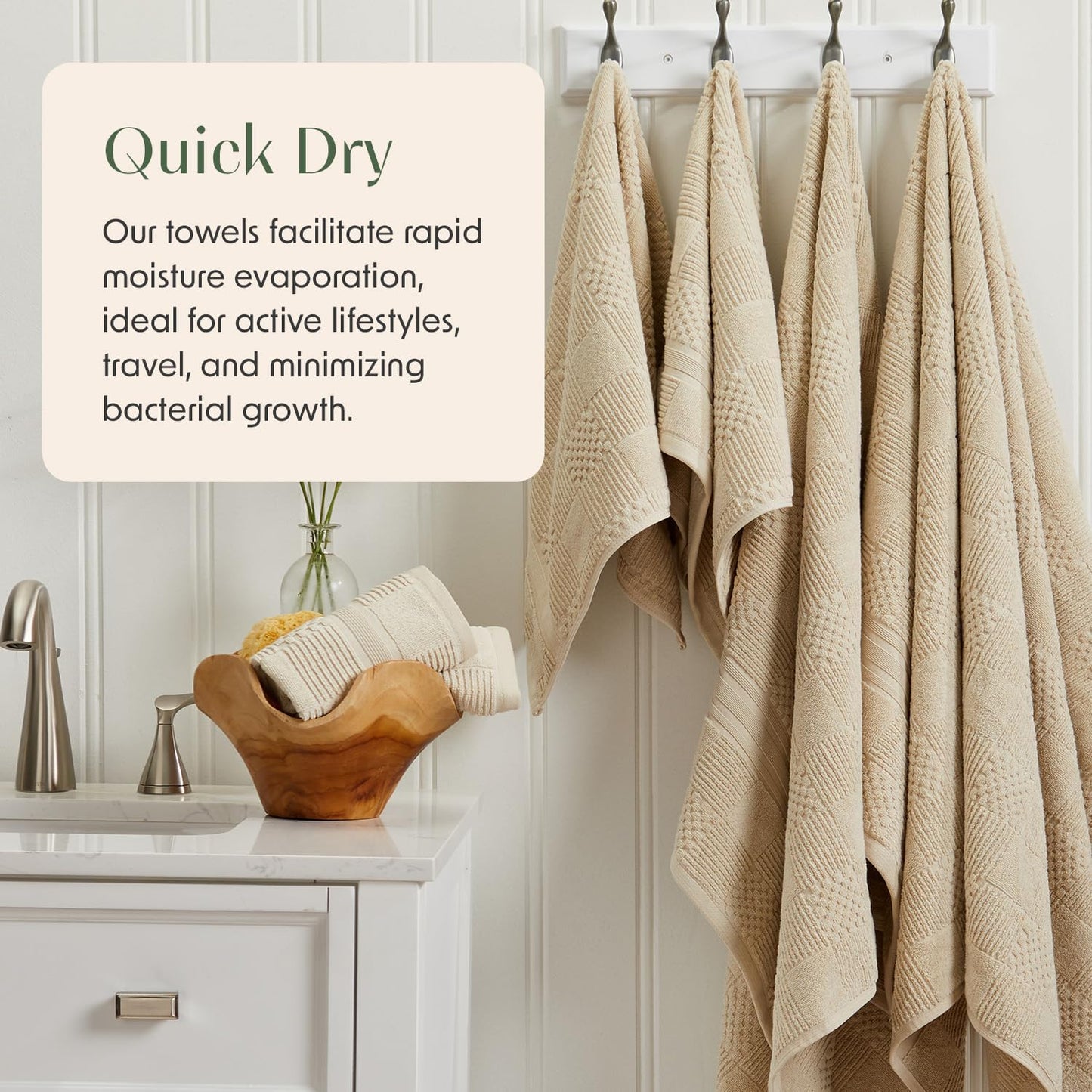 Springtree Home 100% Cotton Bath Towel Set of 4 | Beige Towels | Geometric Textured Design | Absorbent & Quick-Dry | 4 Bath Towels | Oeko-TEX® Standard 100 Cotton | Myla Collection - Sandshell