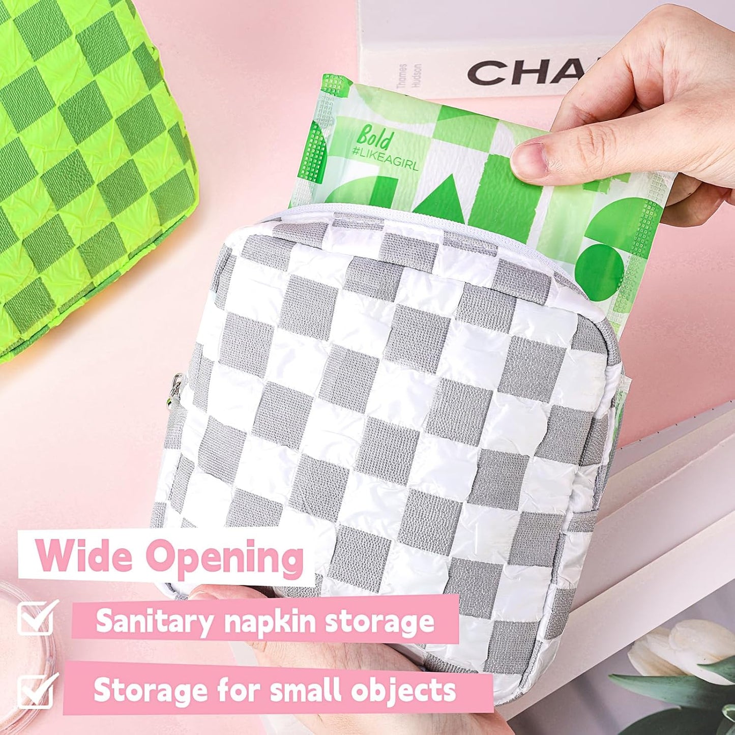 Desing Wish Sanitary Napkin Storage Bag Polyester Fabric Period Bag for Teen Girls Sanitary Pad Pouch for Sanitary Napkins/Tampons/Panty Liners Privacy Protector Pad Bag (Bubble-Check, Pink)