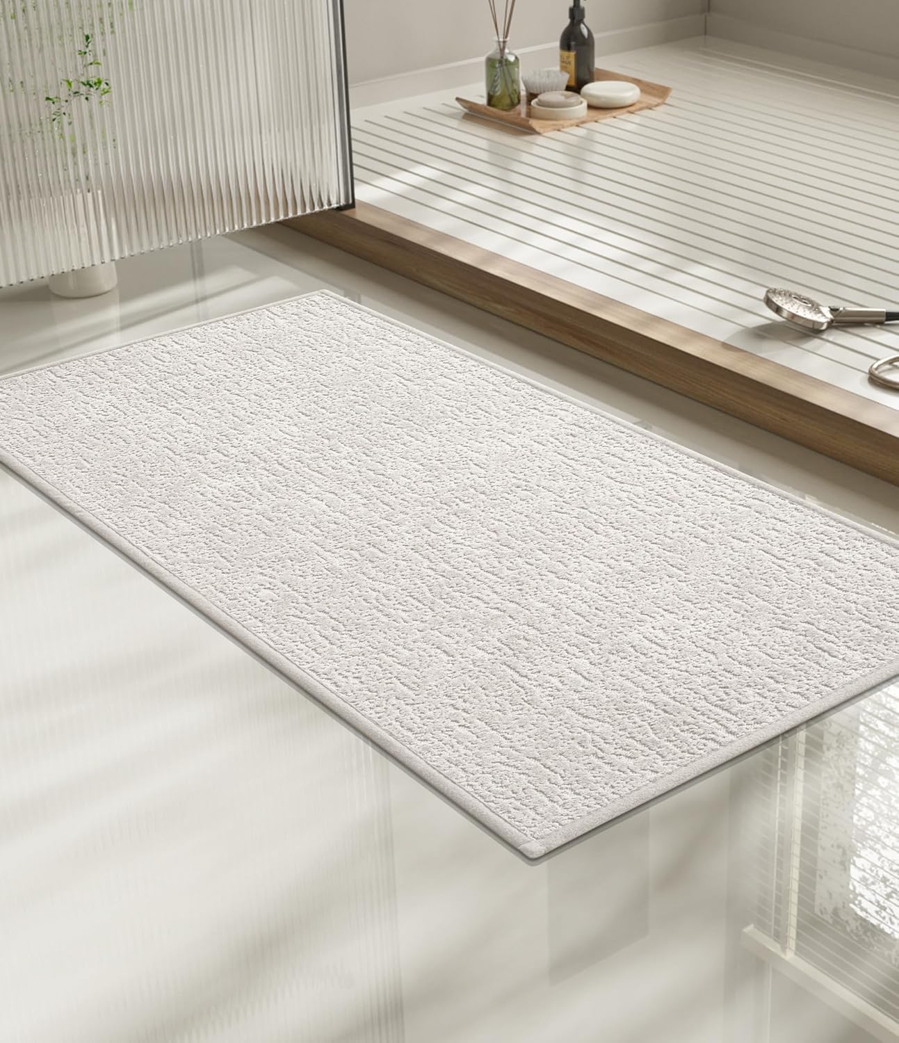 chakme Bathroom Rugs Mat 32x17, Ultra Thin Non Slip Bath Mat Quick Dry Absorbent Bath Mat for Bathroom Floor, (White, 32"x17")