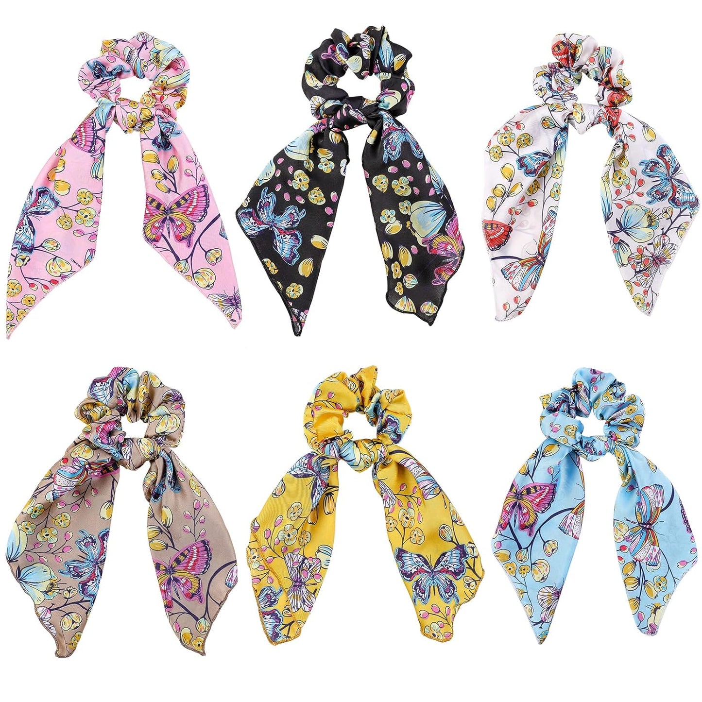 Butterfly Scrunchies - Vivid Silk Hair Accessories with Colorful Scarves, Ribbons, Elastics, Bandanas, Bows and Bands for Women and Girls (6PCS)