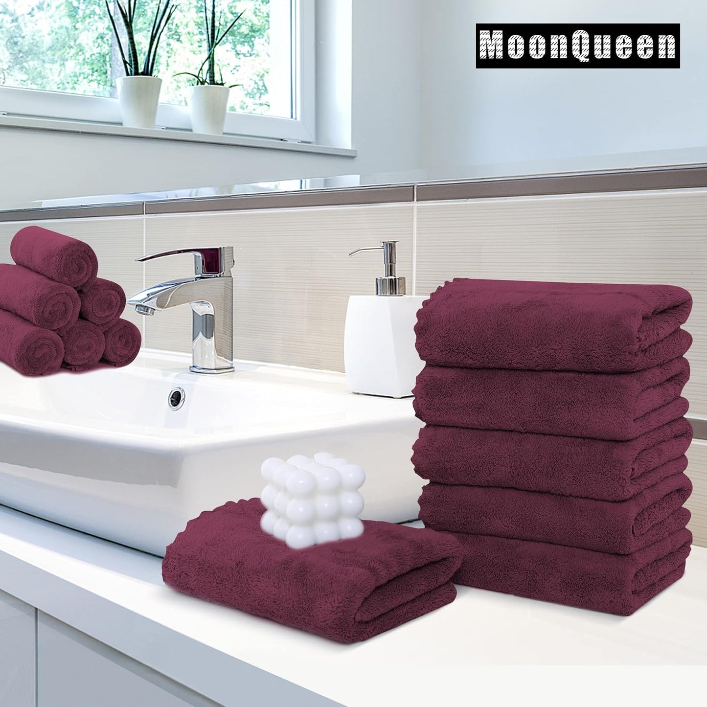 MOONQUEEN 18 Pack Premium Hand Towels - Quick Drying - Microfiber Coral Velvet Highly Absorbent Towels - Multipurpose Use as Hotel, Bathroom, Shower, Spa, Hand Towel 16 x 28 inches (Burgundy)