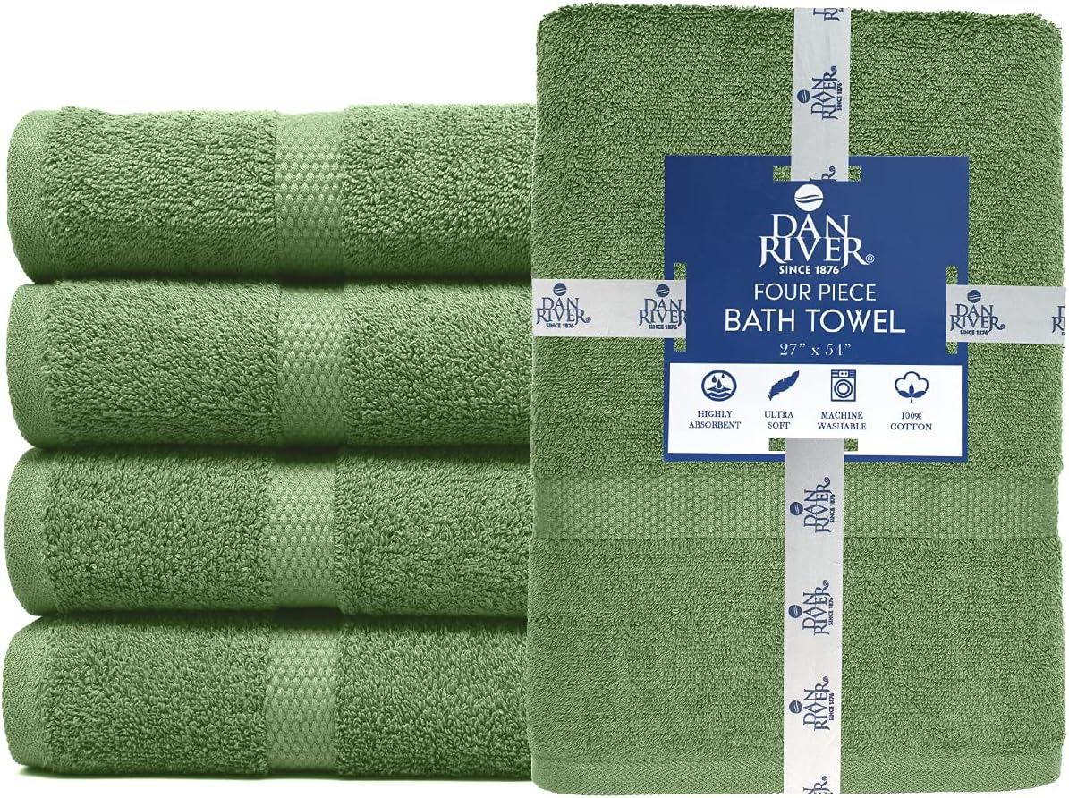 DAN RIVER Bath Towels Set of 4, 27 x 54 Inches, 100% Cotton, Larger & Lighter Weight, Quicker to Dry, Super Soft and Absorbent, Ideal Large Bath Towel for Daily Use, Sage Green