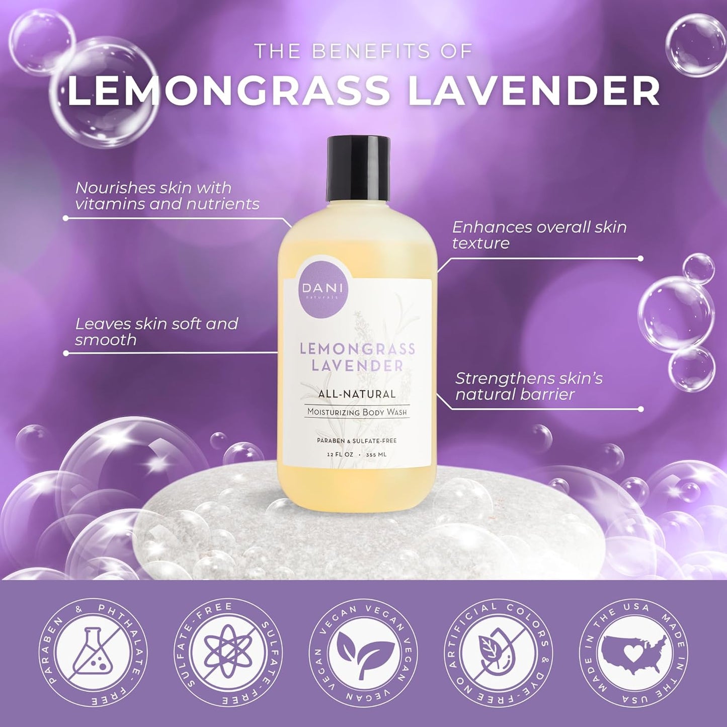 DANI Naturals Moisturizing Body Wash - Calming Lemongrass Lavender Scent with Organic Aloe Vera & Natural Glycerin - Paraben, Sulfate, & Phthalate-Free Shower Gel - 12 oz Bottle, Vegan & Cruelty-Free