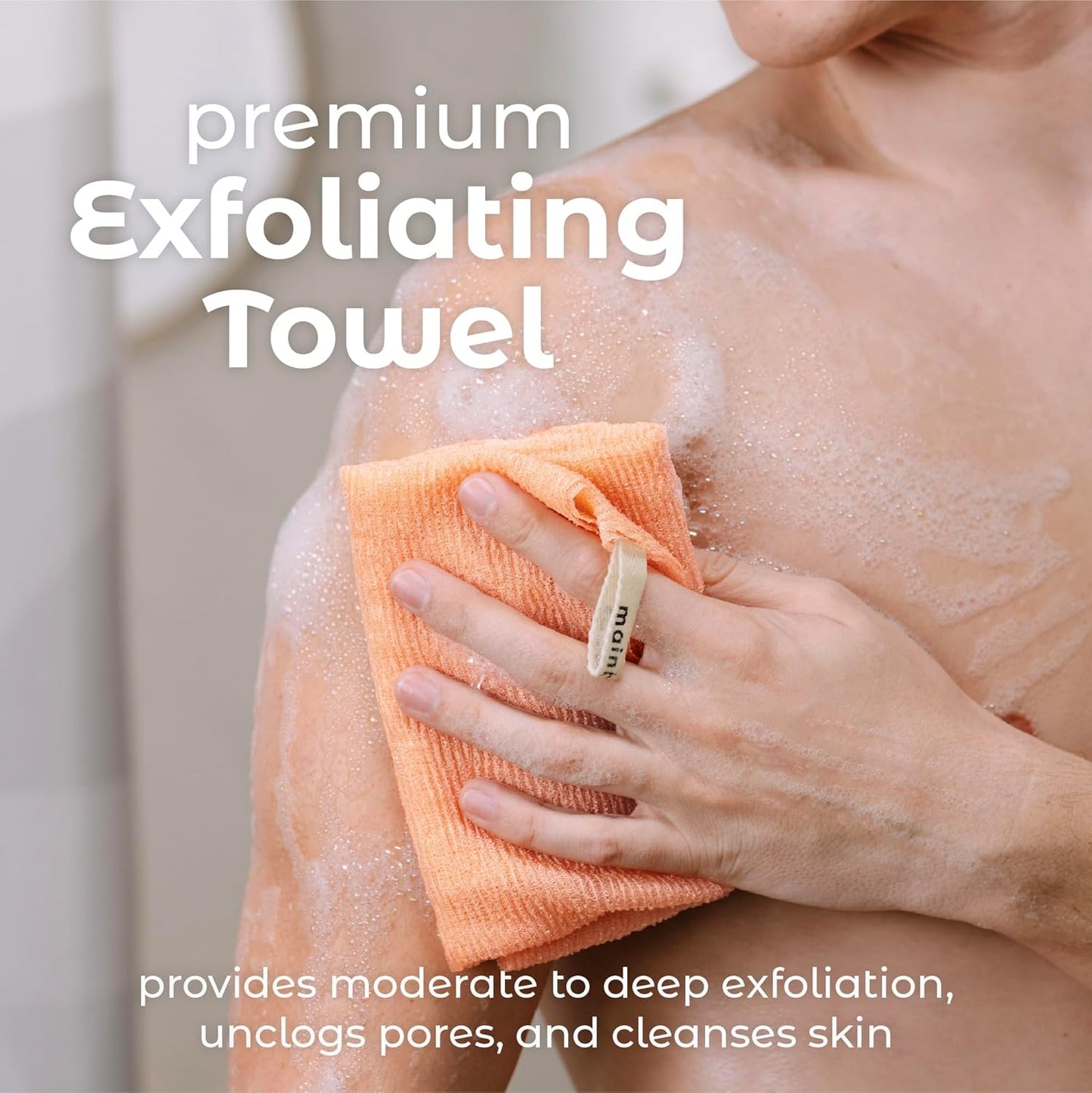 MainBasics Exfoliating Shower Towel - Japanese Nylon Bath Towel and Body Washcloth, Quick-Dry, Durable, Deep Exfoliation (Set of 3, Coral Reef)