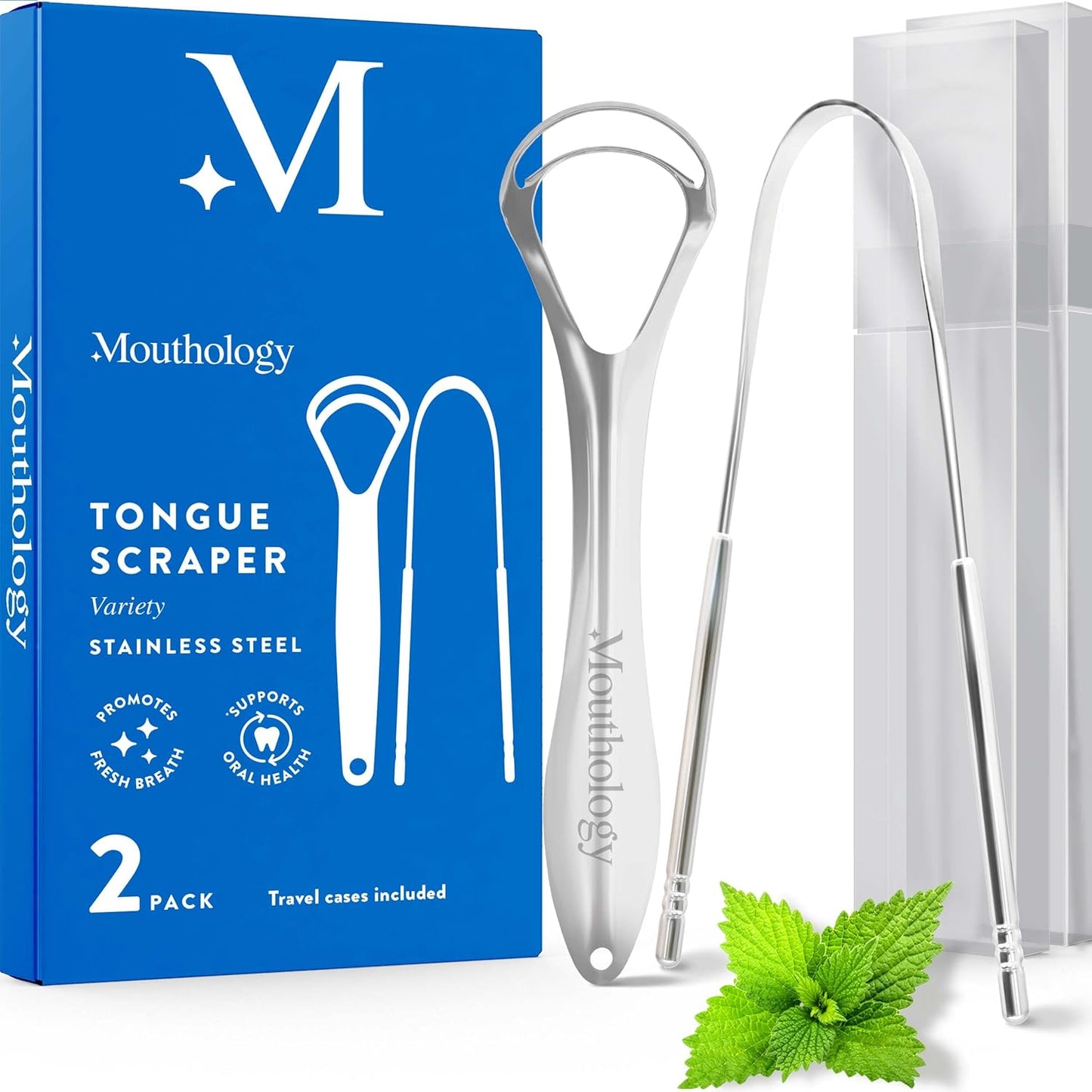 Mouthology Tongue Scraper (2 Pack), Reduce Bad Breath (Travel Cases Included), Stainless Steel Tongue Cleaners, Metal Tongue Scraper, Tongue Scraper for Adults - Fresher Breath in Seconds