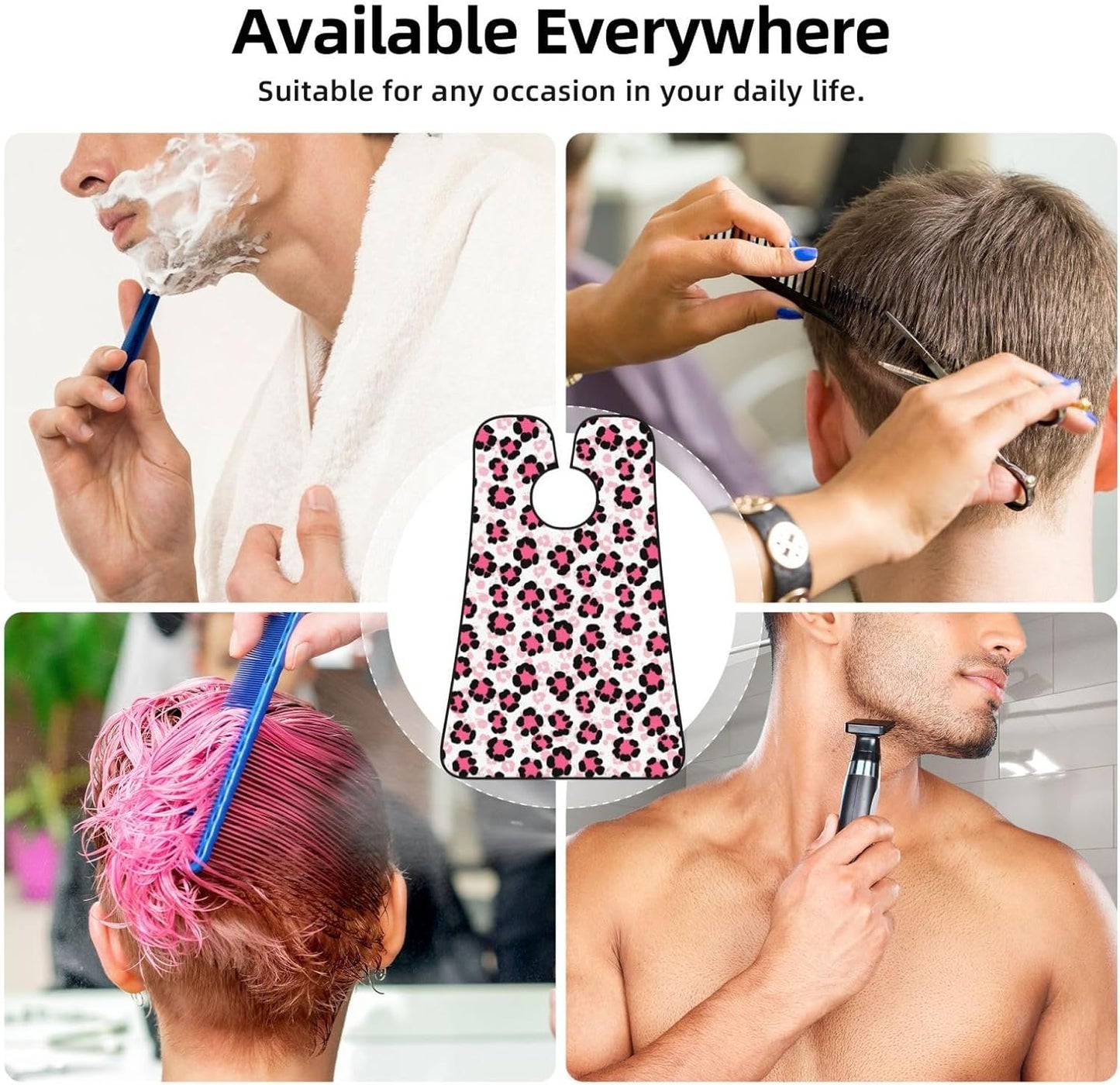 Adjustable Beard Bib, Non-Stick Hair Catcher Cape for Men's Shaving, Waterproof with 2 Suction Cups, Paint Splatter Cheetah Leopard Print Pink Shave Bib
