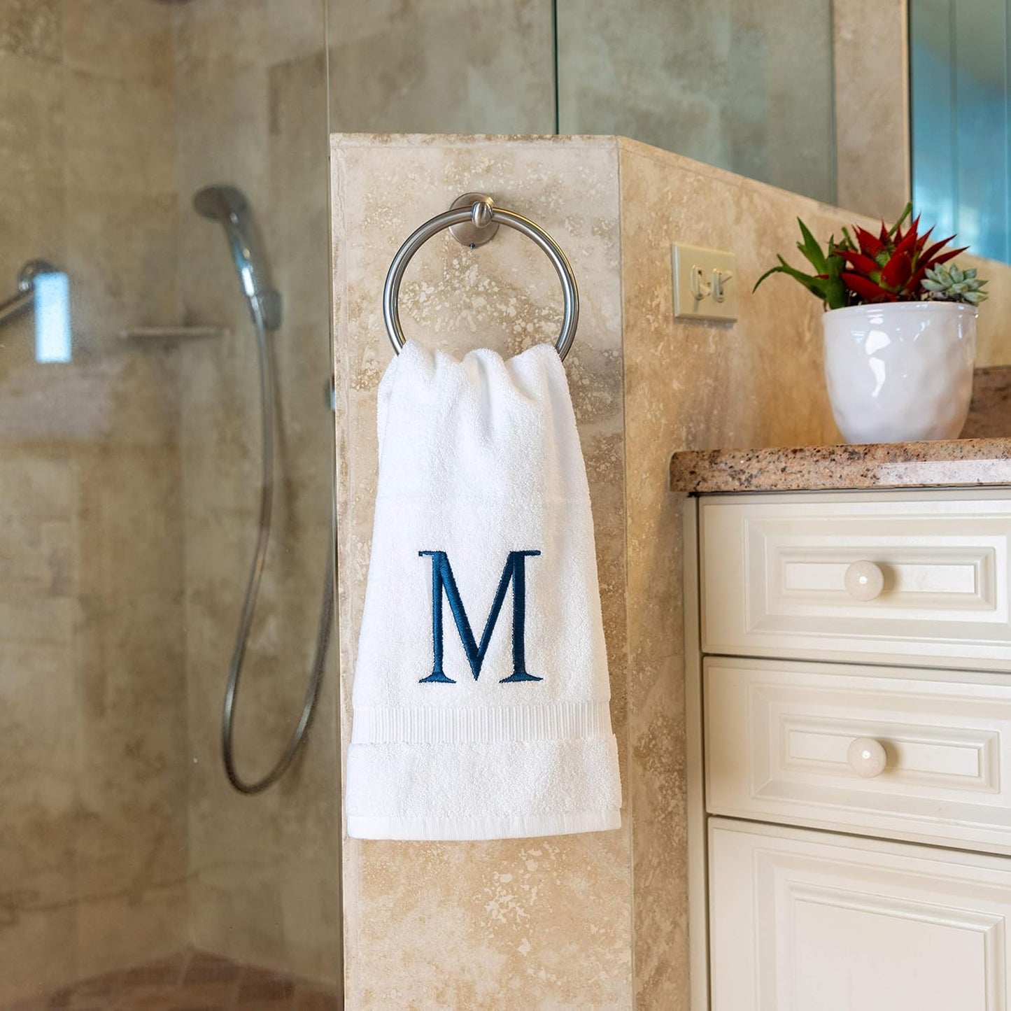 Monogrammed Hand Towels for Bathroom - Luxury Hotel Quality Personalized Initial Decorative Embroidered Bath Towel for Powder Room, Spa - GOTS Organic Certified - Set of 2 Navy Letter M