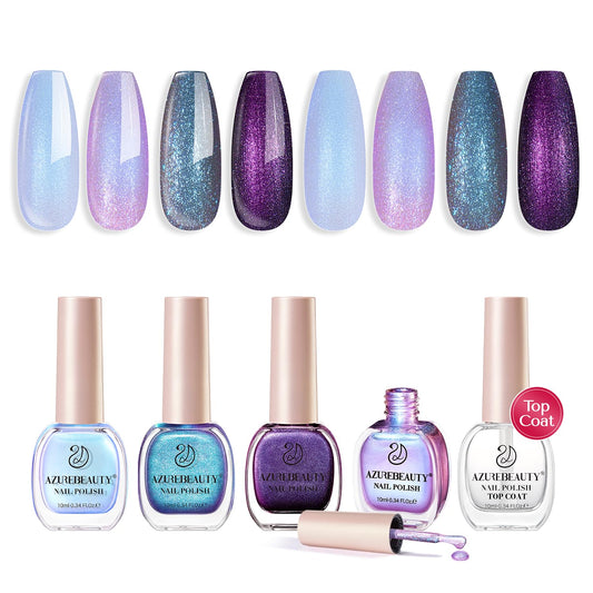 AZUREBEAUTY Holographic Nail Polish Set: 4 Colors Quick Dry Purple Pink Chameleon Fall Winter Natural Fingernail with Top Coat DIY Salon Gift for Women