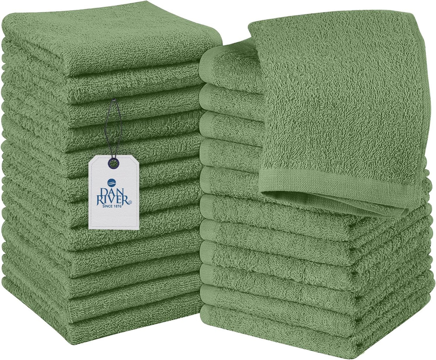 DAN RIVER 100% Cotton Wash Cloths 24 Pack [12x12] Soft & Absorbent washcloths for Showering, Gym, Hotels & Spa Perfect for Everyday Use Fingertip Towels, Sage Green