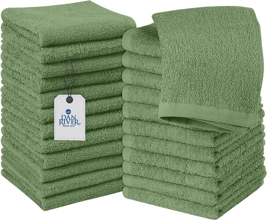 DAN RIVER 100% Cotton Wash Cloths 24 Pack [12x12] Soft & Absorbent washcloths for Showering, Gym, Hotels & Spa Perfect for Everyday Use Fingertip Towels, Sage Green