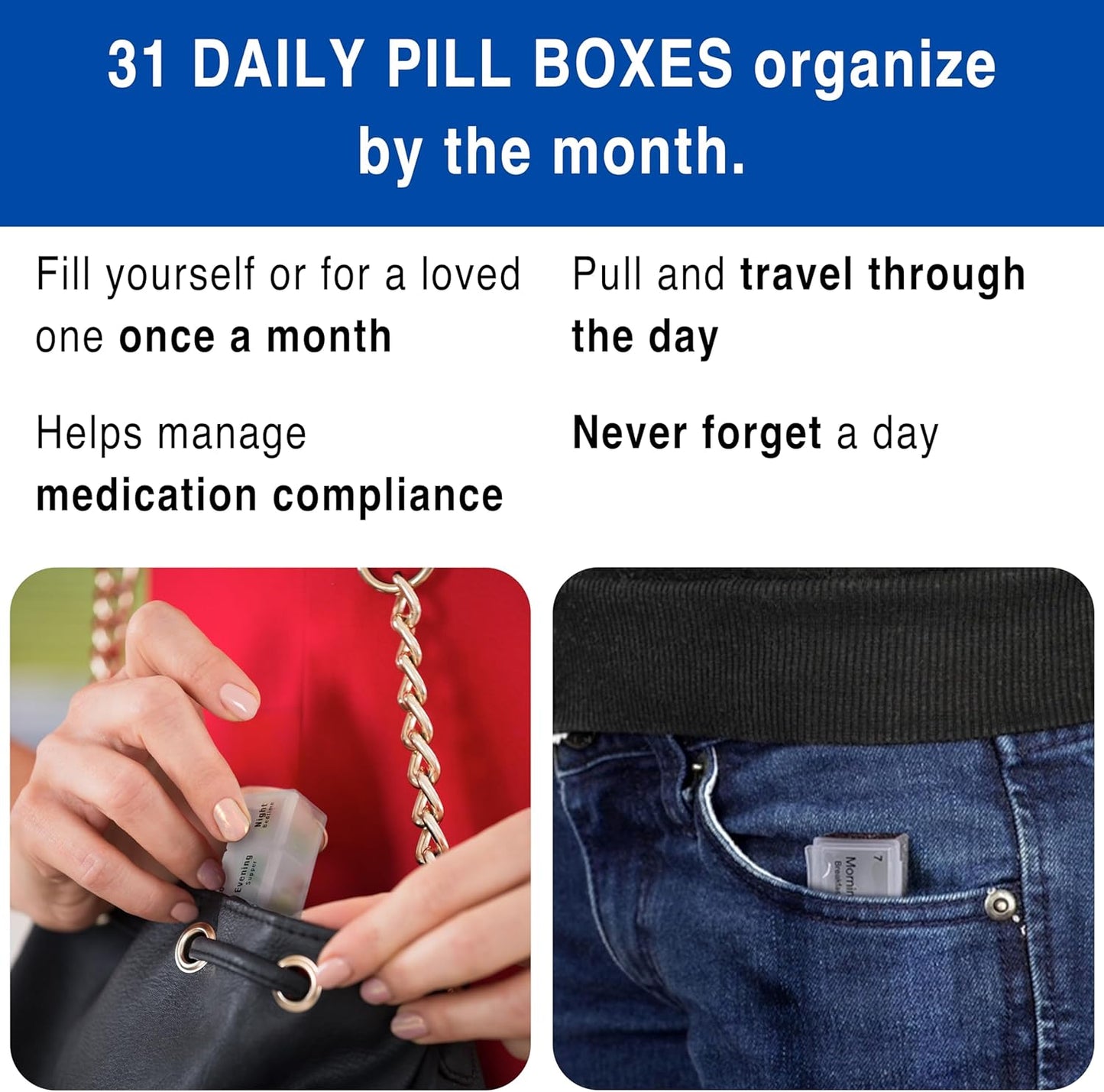 Monthly Pill Box Organizer, 4 Times a Day, Large 31 Daily Pill Cases with Compartments for Vitamins, Supplements, Medication, 31 Day Pill Organizer