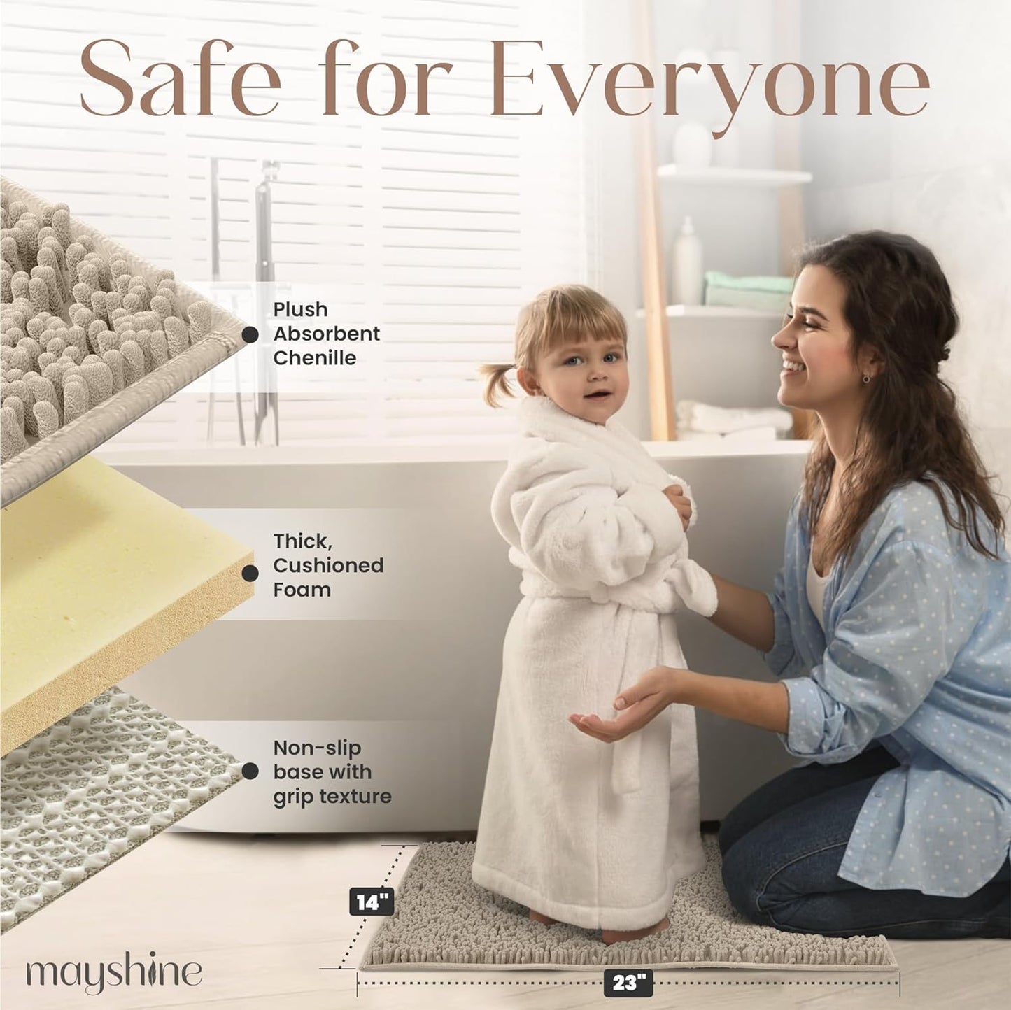 MAYSHINE Plush Shaggy Chenille Bath Mat | Extra Soft, Super Absorbent, Non-Slip Bathroom Rug | Fluffy Microfiber, Area Rug Sets for Bathroom Floor, Kitchen, Living Room | 23"x14" | Beige