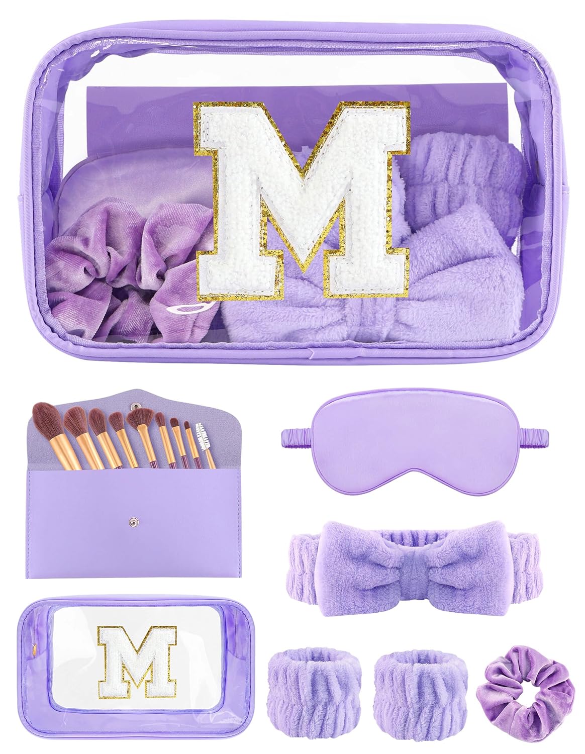 Gift Sets for Women, Initial Makeup Bag with Makeup Brush Set Bachelorette Party Favors, Purple Spa Kit with Skincare Headbands Wrist Bands Sleepover Party Supplies Gifts for Teen Girls Bridesmaid M