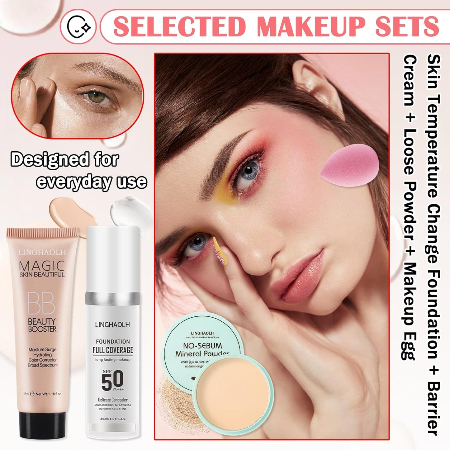 Color Changing Liquid Foundation & Full Coverage Concealer Foundation Face Primer Base Makeup Set,Moisturizing BB Cream & Loose Setting Face Powder with Makeup Sponge