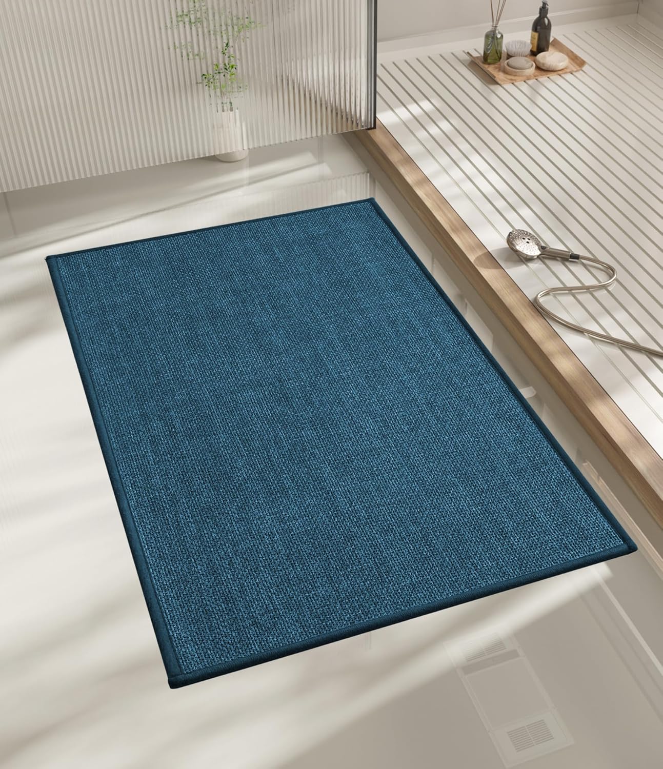 chakme Bathroom Rugs Mat 24x17, Ultra Thin Non Slip Bath Mat Small Quick Dry Absorbent Bath Mat for Bathroom Floor, (Dark Blue, 24"x17")