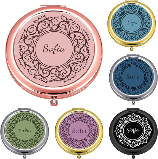 Custom Compact Mirror with Name - Personalized Flip Makeup Travel Pocket Mirror Gift for Women Bridesmaids Wedding Birthday (Beautiful Line)