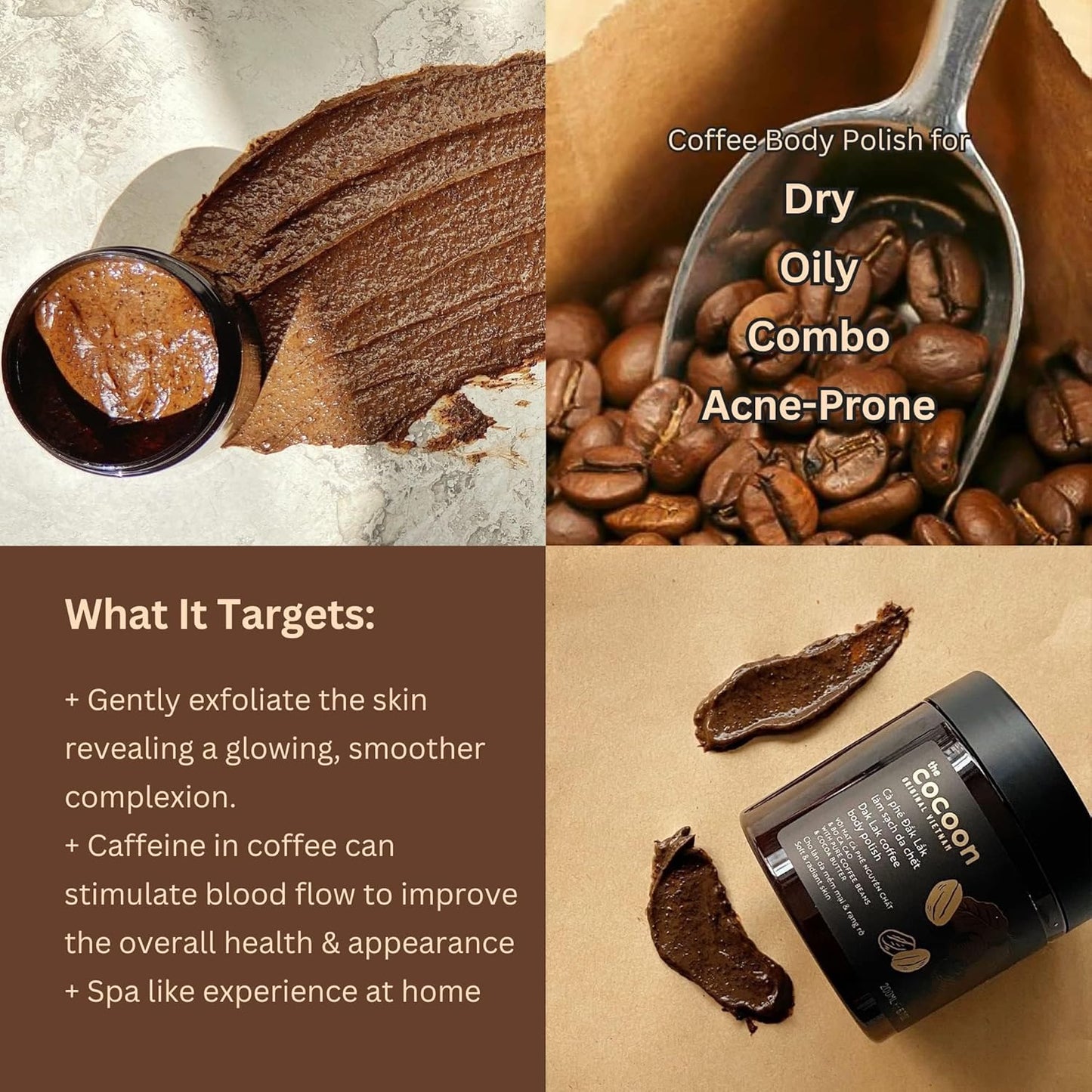 Cocoon Dak Lak Coffee Scrub Body, Exfoliating Body Scrub Organic with Coconut & Shea Butter, Dead Skin Remover for Body, Moisturizing Body for Sensitive Skin, Fragrance Free | Gift for Coffee Lovers