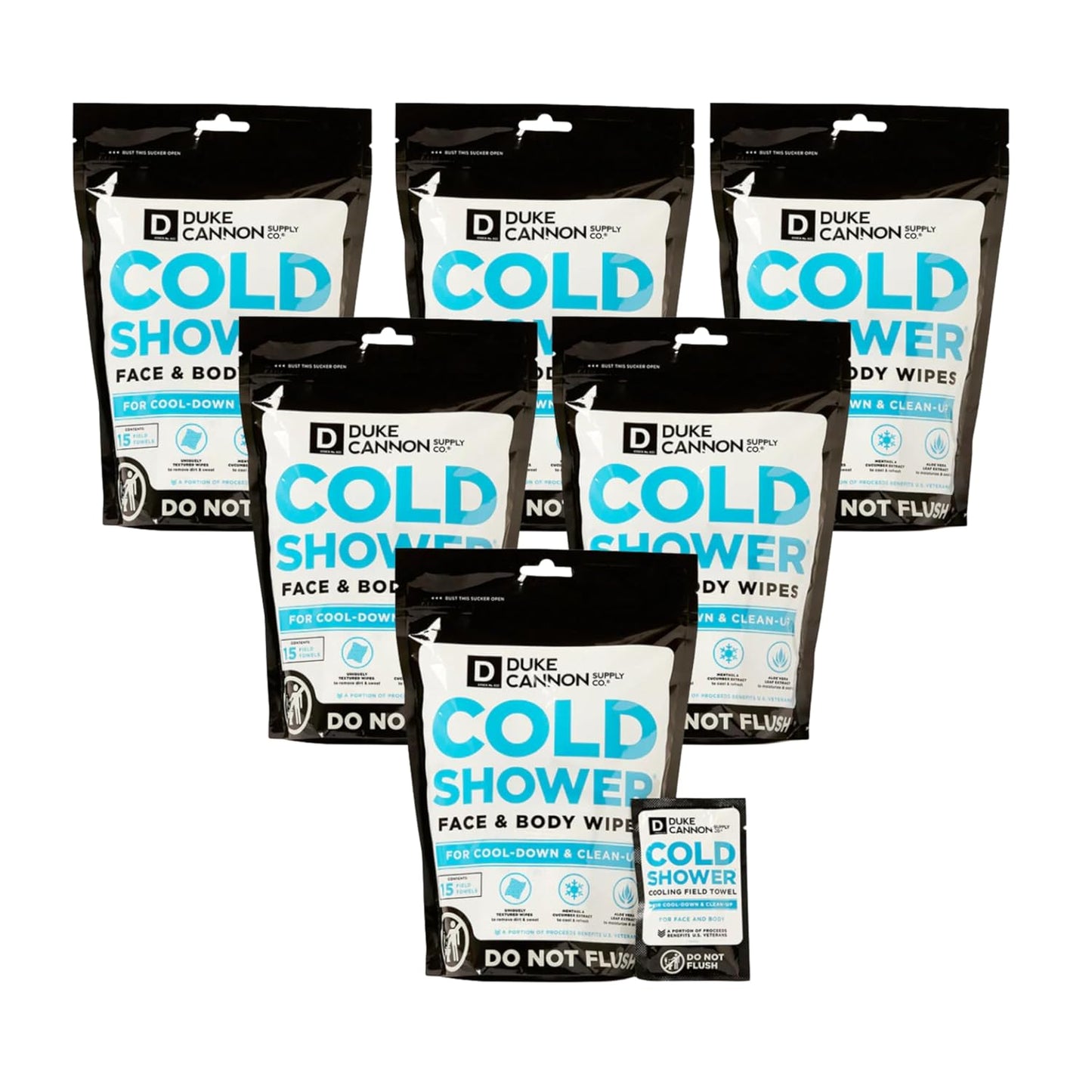 Duke Cannon Cold Shower Cooling Field Towels – Menthol Body Wipes for Men, No Rinse Face & Body Cleansing Wipes, 15 Individually Wrapped Towels (6 Pack)