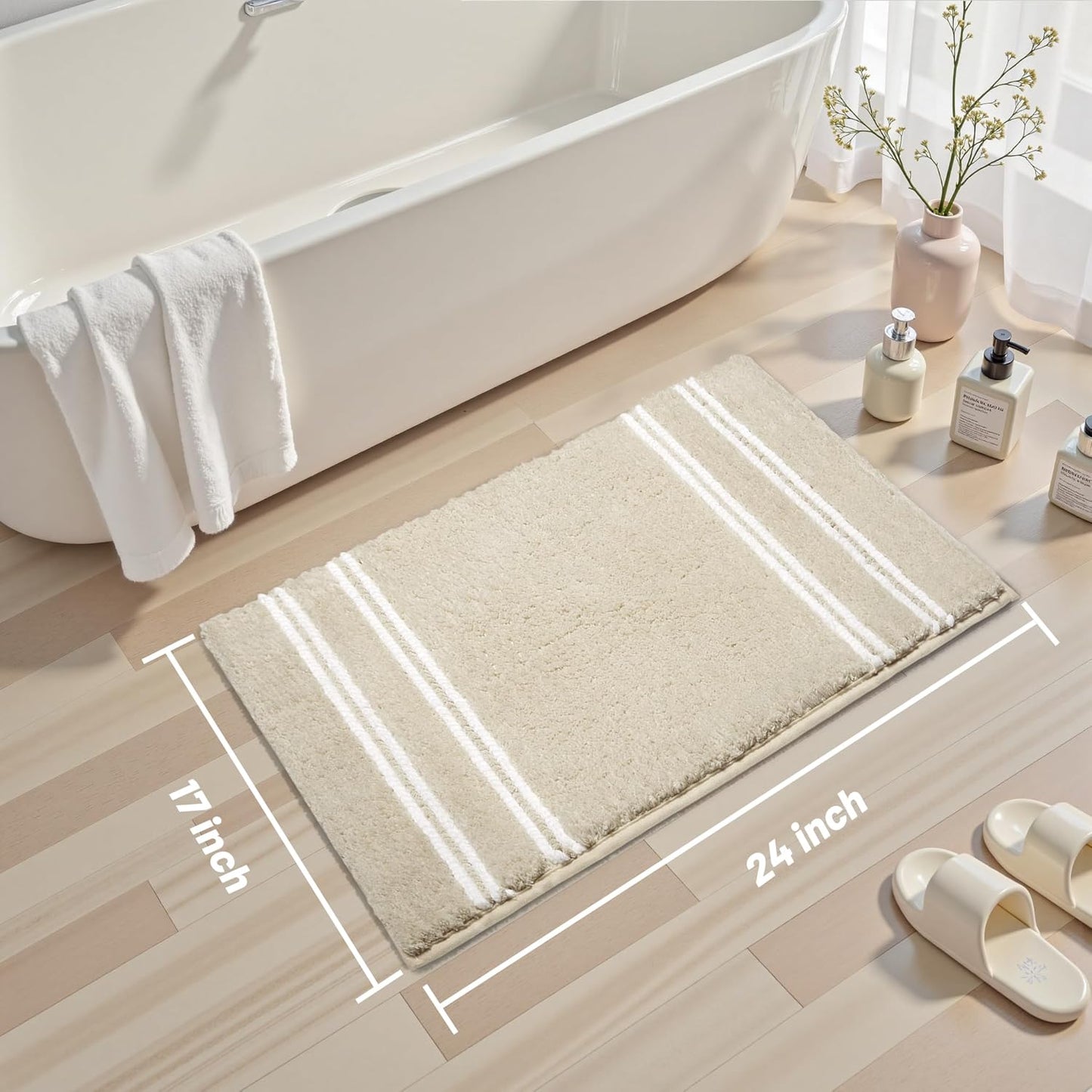 Bathroom Rugs 17x24 Extra Soft Absorbent Bath Mat Chenille Non Slip Shower Mat Rubber Backing Machine Washable Bath Mats for Bathroom Shaggy Khaki Bath Rugs for Tub, Hallway