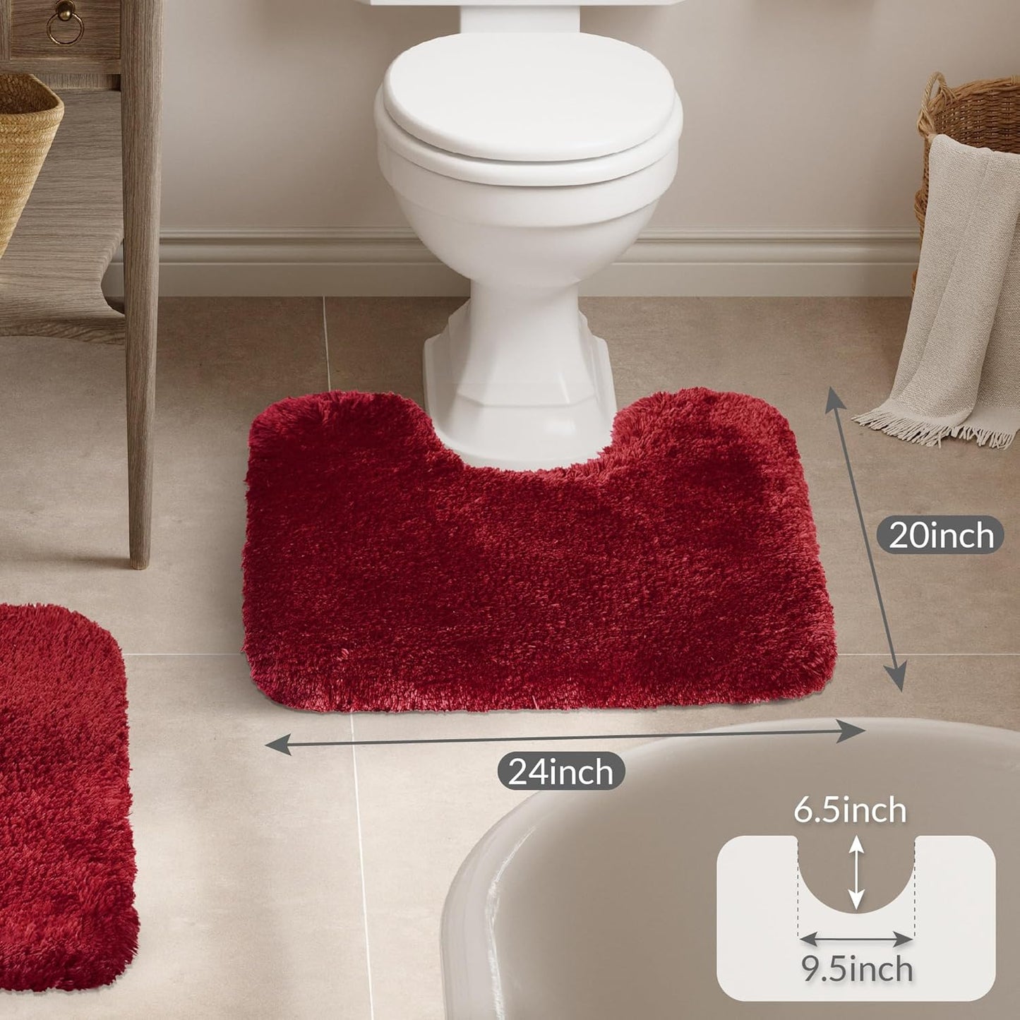 Walensee Contour Rug (20x24, Red) Non Slip Bath Mat, Soft Microfiber Shaggy Mat, Machine Washable, U Shape Toilet Rug