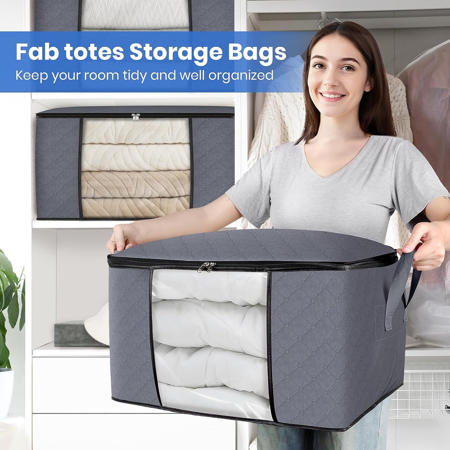 Fab totes 3-Pack Clothes Storage, Foldable Blanket Storage Bags, Containers for Organizing Bedroom, Closet, Clothing, Comforter, Organization with Lids and Handle, Grey