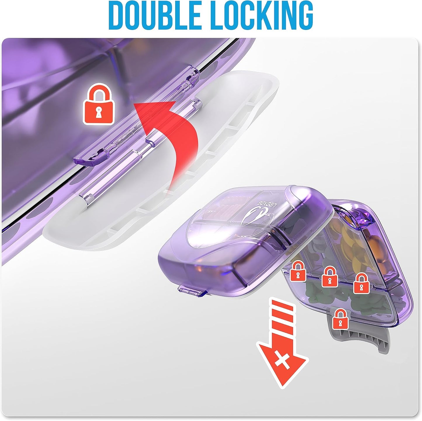 Travel Pill Organizer - Airtight Medicine Case for Traveling Portable Pharmacy Box with Labels Vitamin Container 8 Compartment Supplement Medication Holder Large Capacity Daily (Purple)