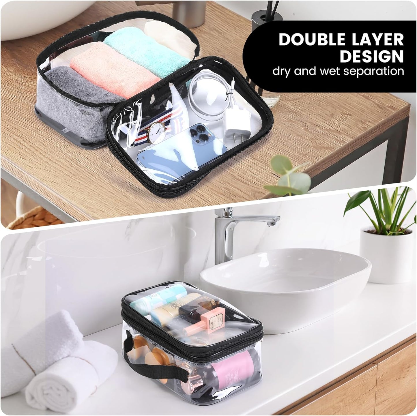 Large Clear travel bags for toiletries pouches carry on reusable,purse see-through plastic pvc TSA airport approved with handle (Black)